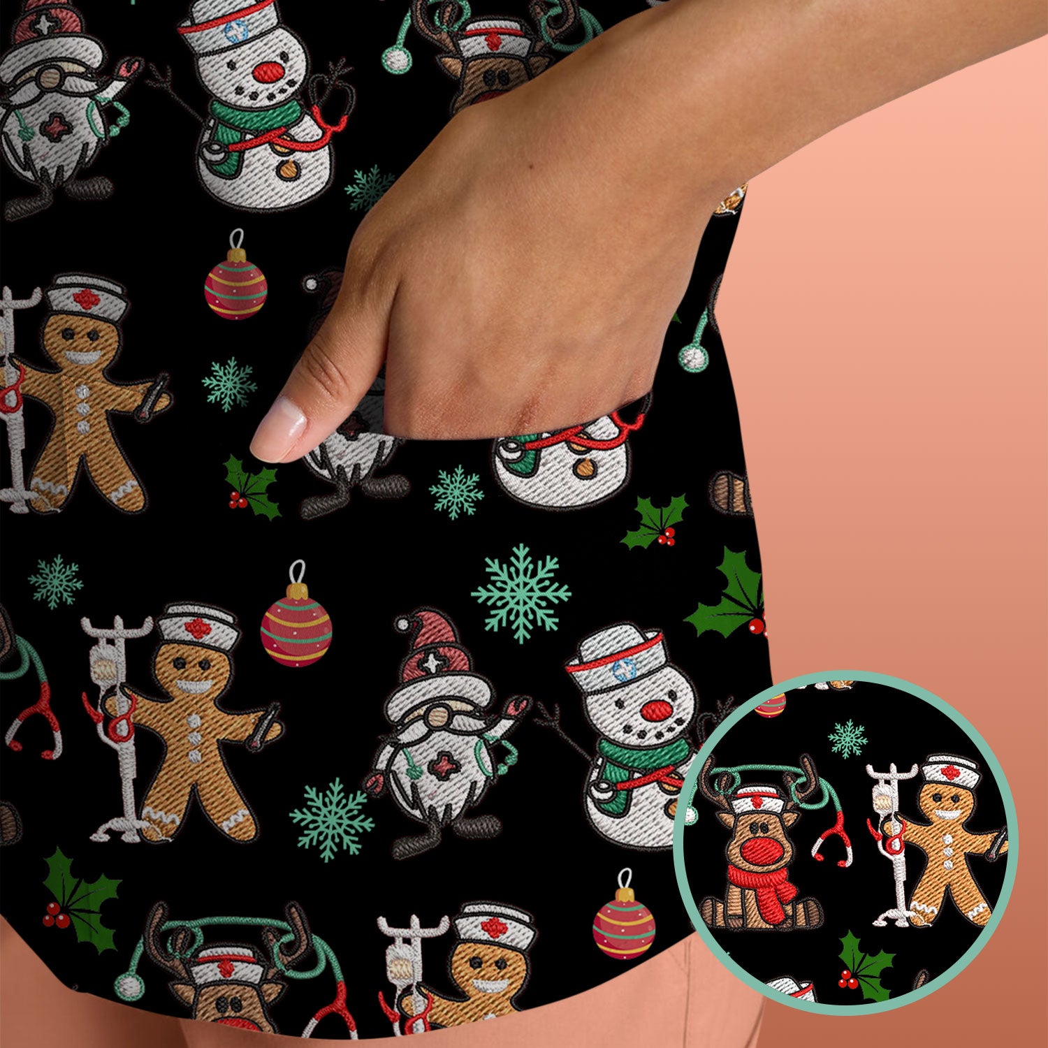Christmas Gingerbread Scrubs for Women - Comfortable Scrubs for Nurses - Reindeer Santa Med Shirt - Breathable Fabrics Nursing Uniform