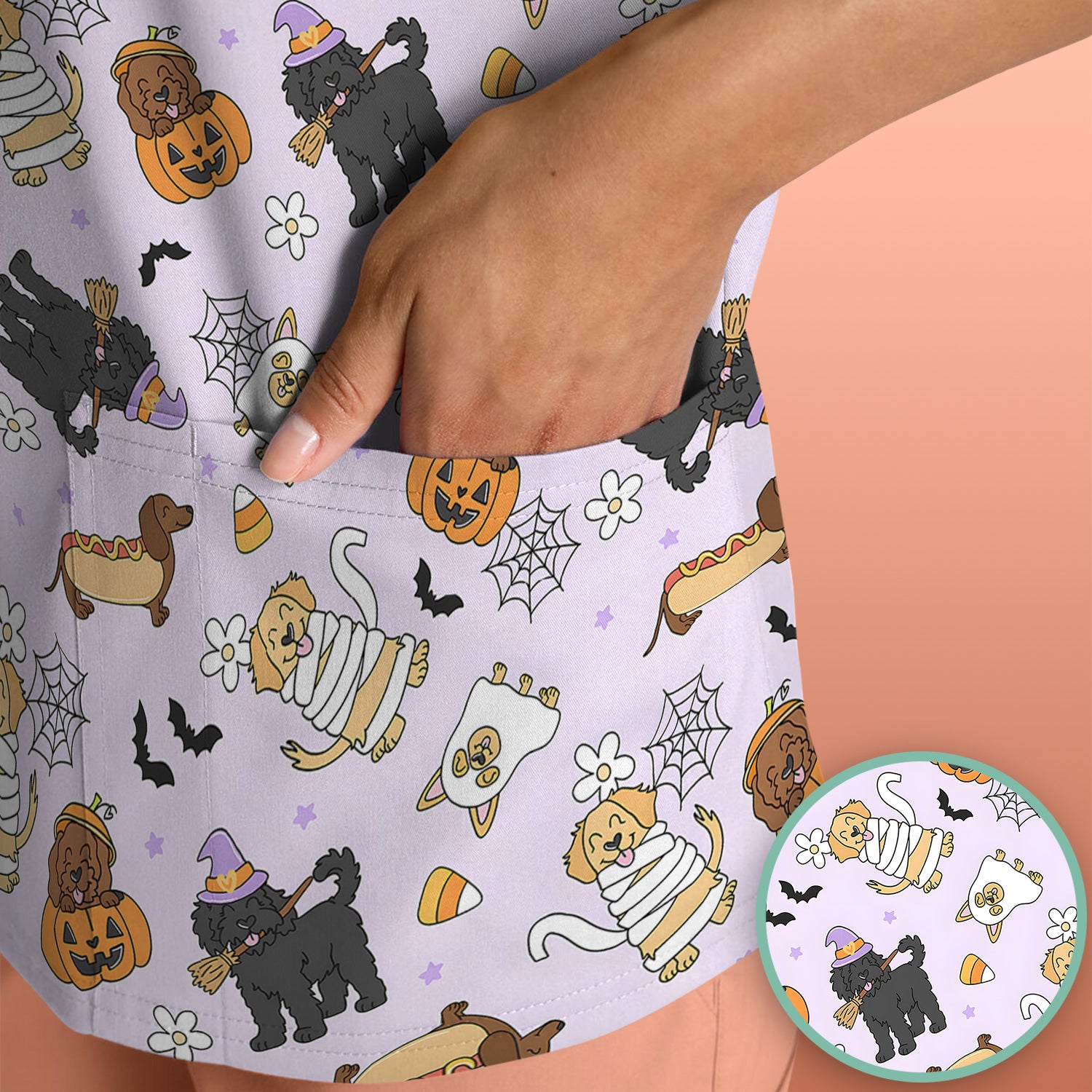Cute Halloween Costumed Pets Scrub Top, Comfortable Scrubs for Nurses