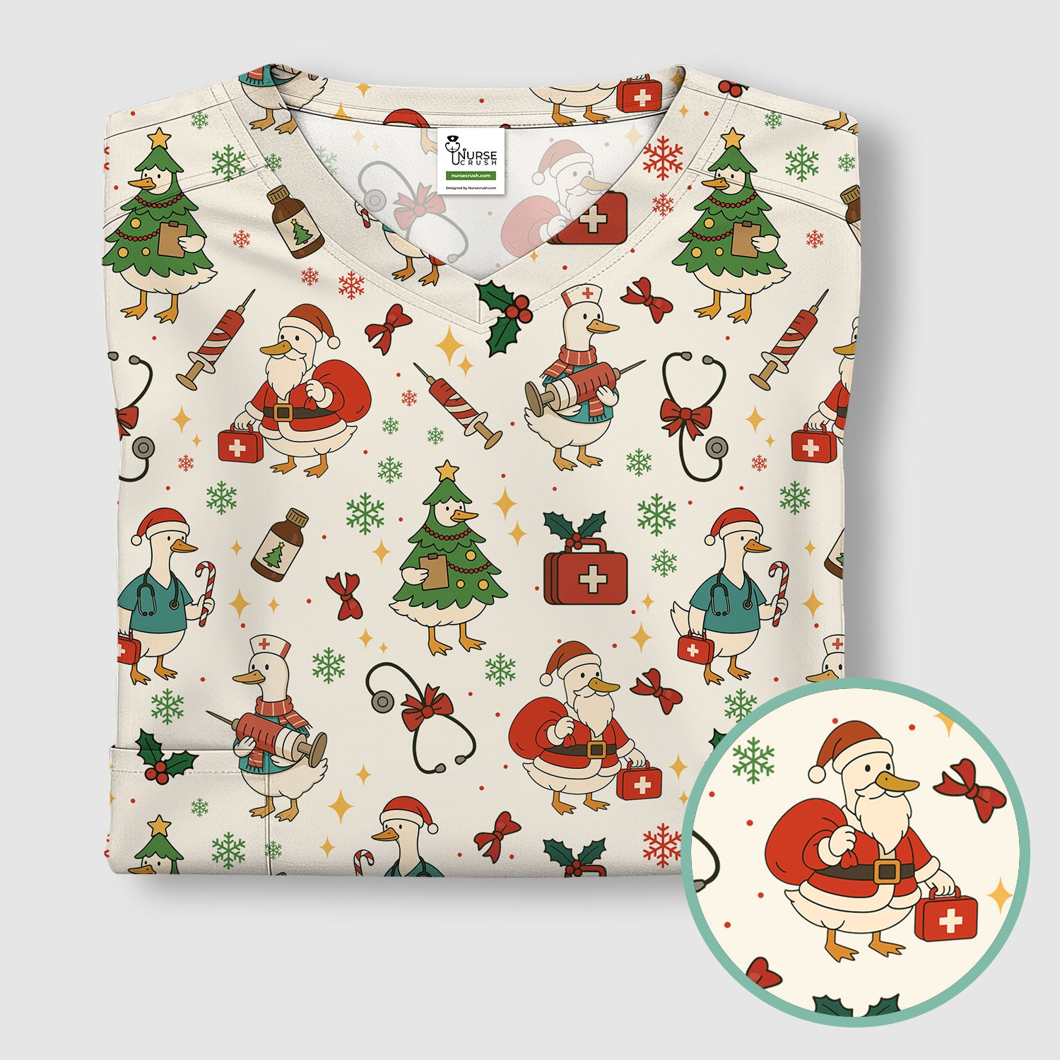Funny Christmas Duck Nurse Scrub Top - Cute Santa Pattern Holiday Shirt for Women - Festive Nursing Outfit Gift for RN LPN CNA