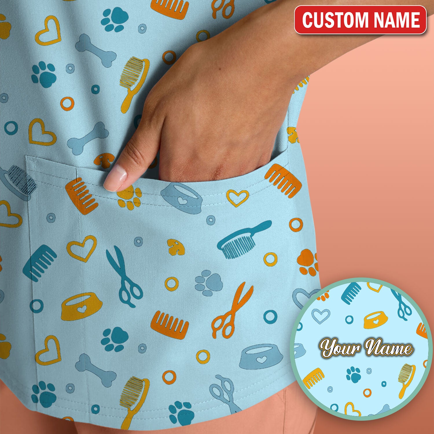 Custom Name Dog Cat Grooming Pattern Scrub Top, Breathable Fabrics Nursing Uniform