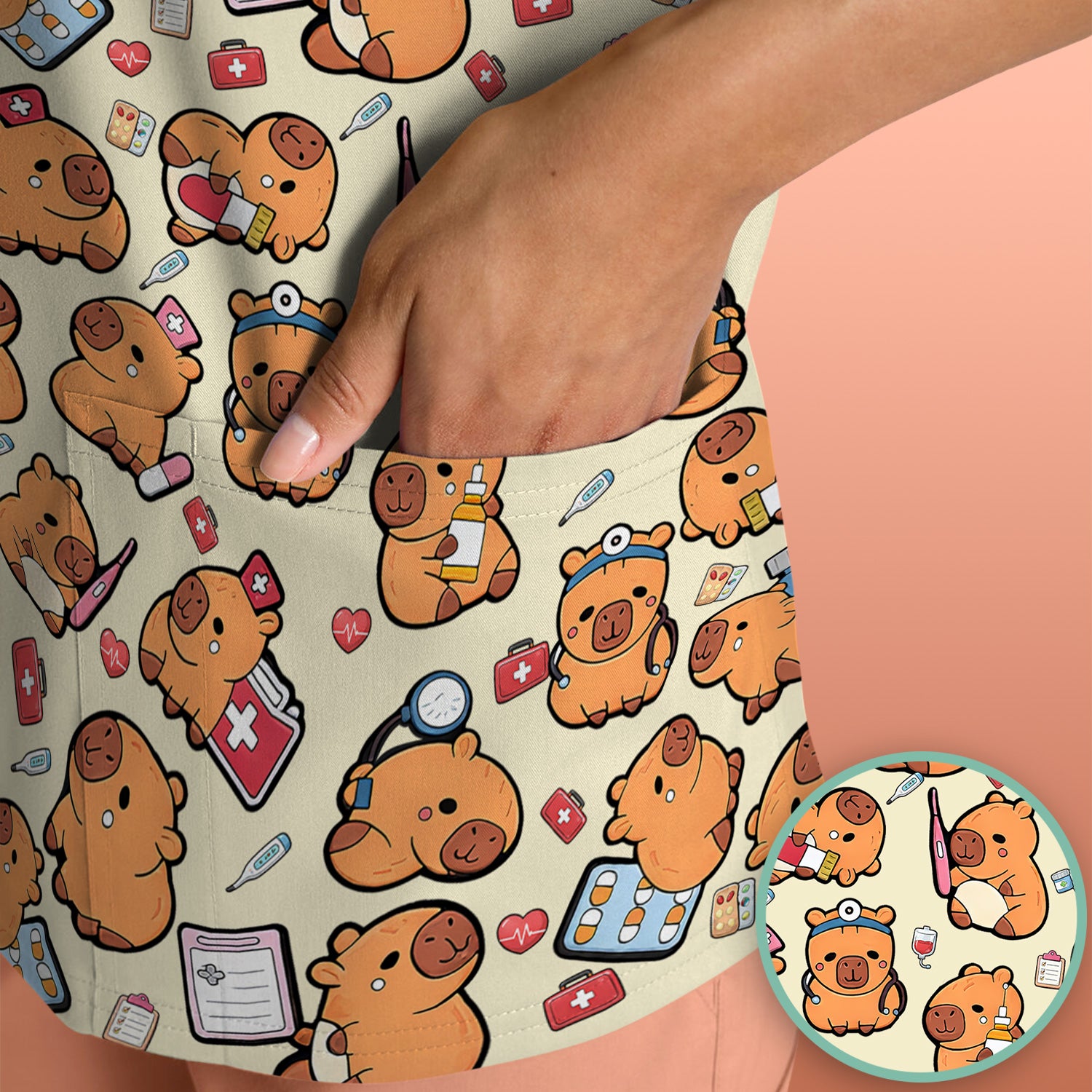 Capybara With Stethoscope And Medical Tools Seamless Scrub Top, Breathable Fabrics Nursing Uniform