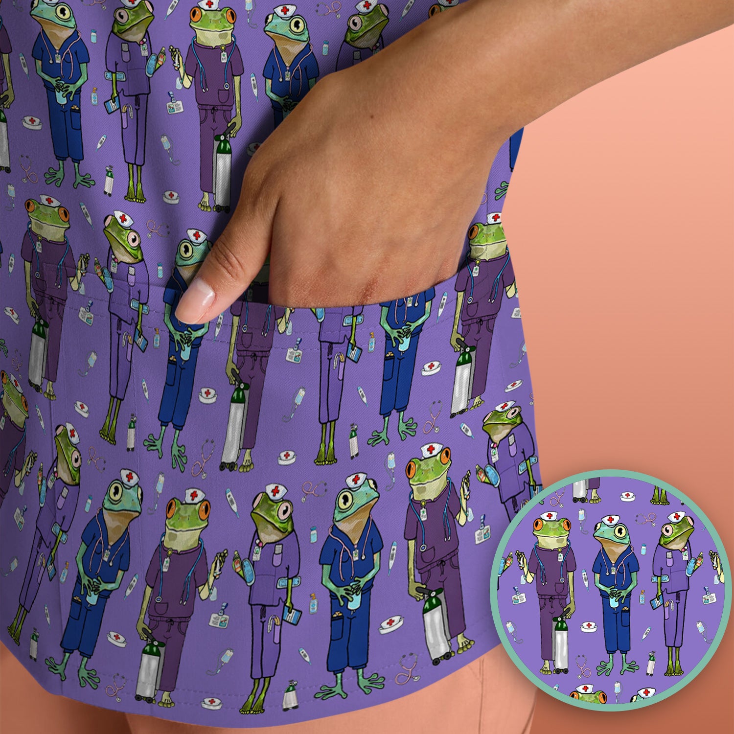 Funny Frog Nurse Pattern V Neck Scrub Top for Healthcare Workers