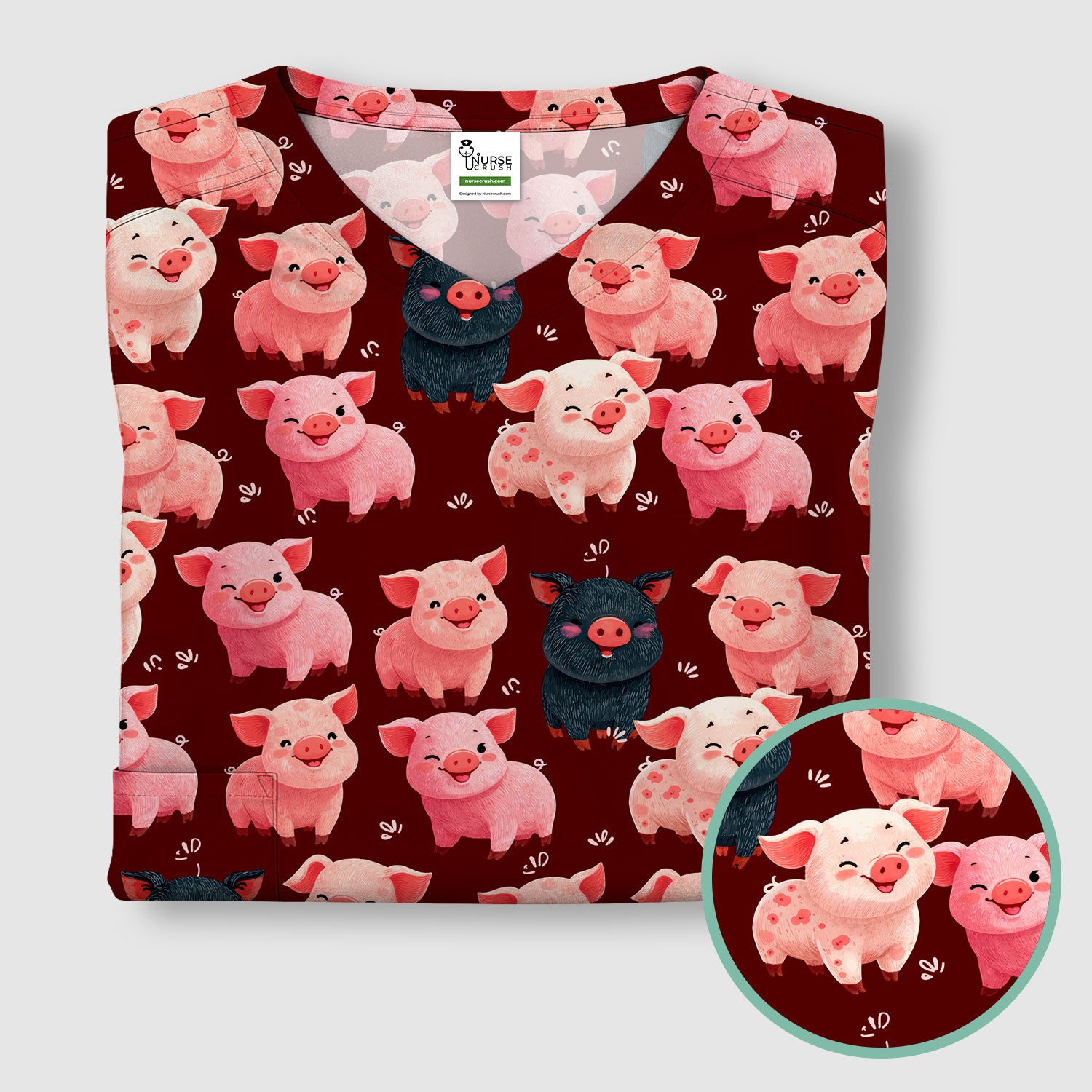 Funny Farm Pig Cartoon Pattern Scrub Top, Comfortable Scrubs for Nurses