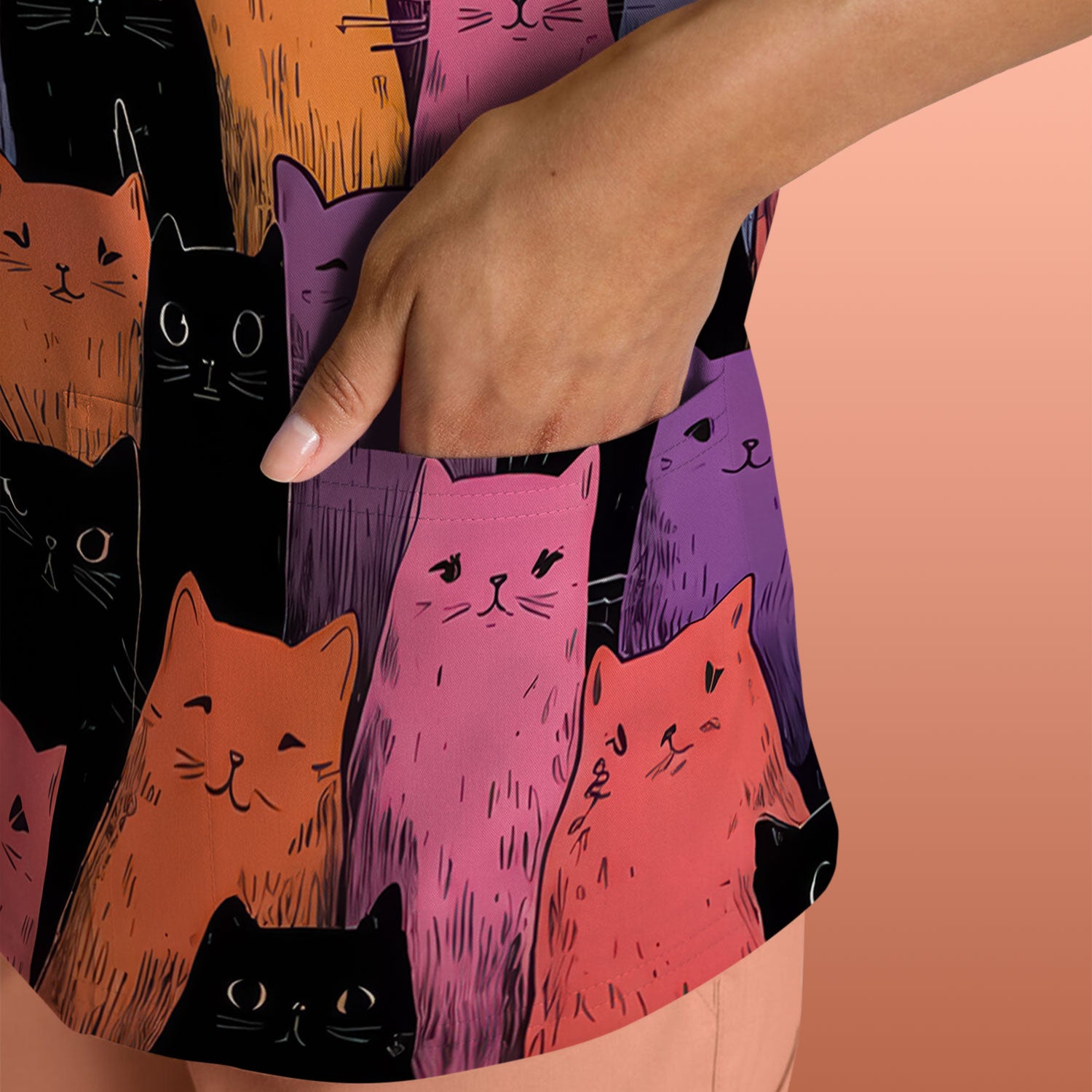 Colorful Cat Art Medical Pattern Scrub Top, Comfortable Scrubs for Nurses