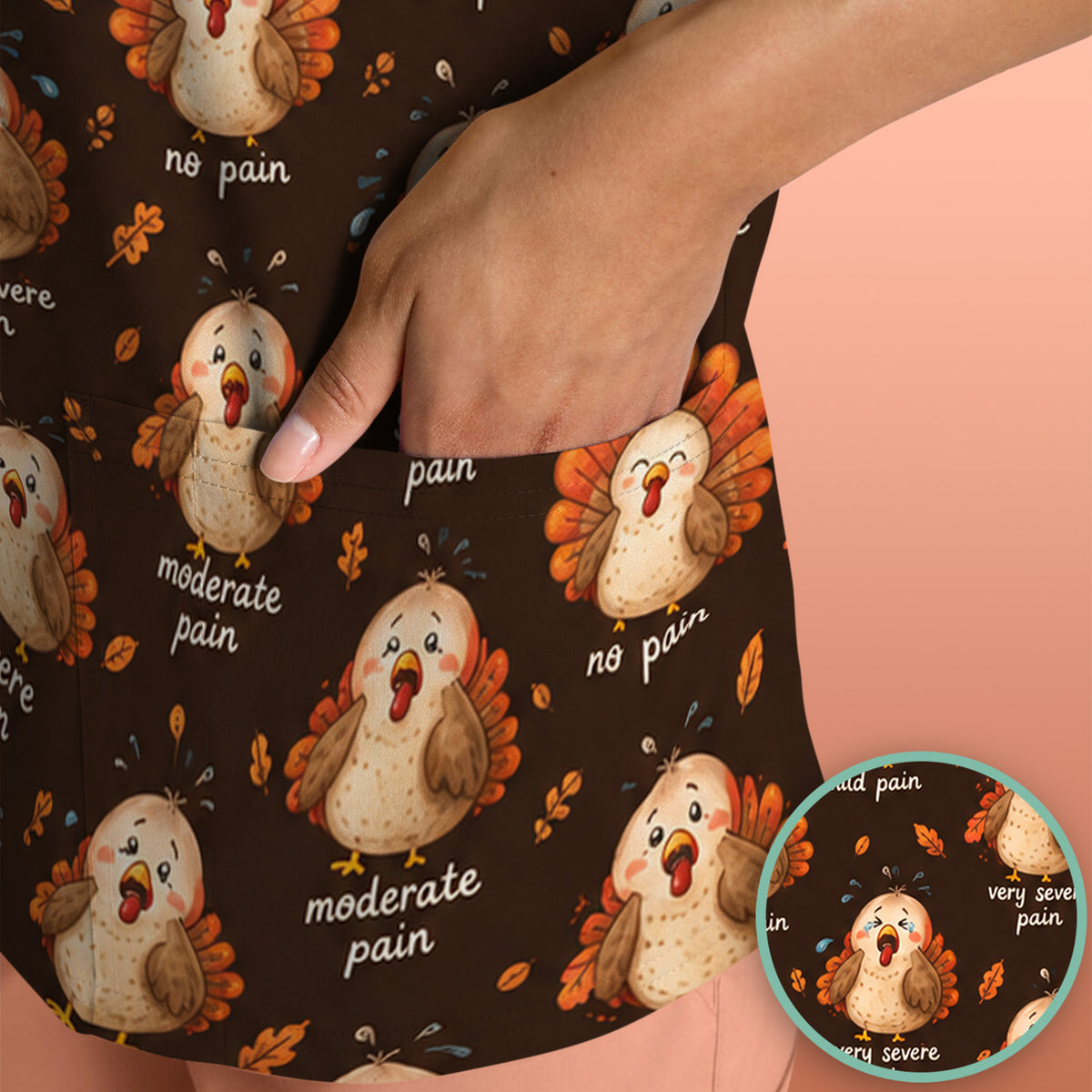 Funny Thanksgiving Turkey Pain Scale Pattern Scrub Top, Comfortable Scrubs for Nicu Nurses
