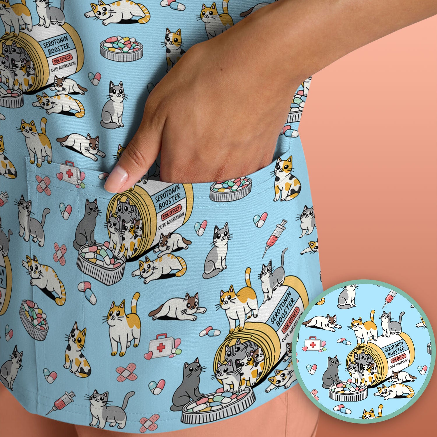 Cute Cat Serotonin Booster Pattern Scrub Top, Comfortable Scrubs for Nurses