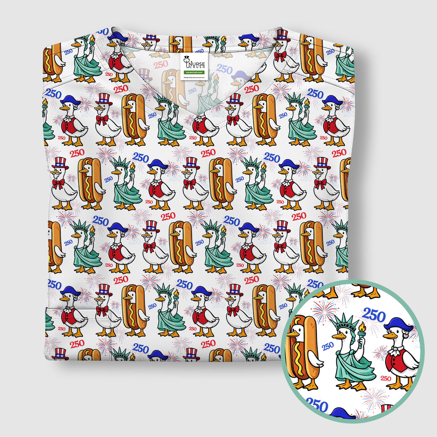 Patriotic Duck Independence Day Pattern Scrub Top, Breathable Healthcare Uniform Top