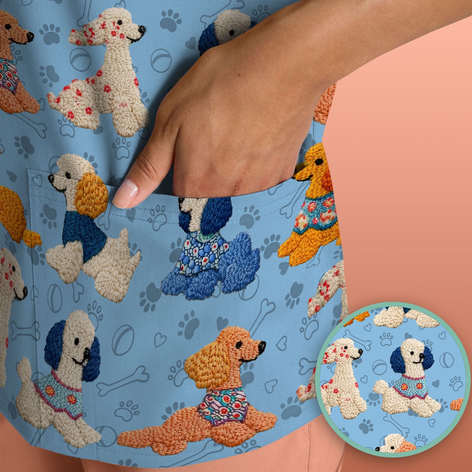 Cute Colorful Poodle Pattern Scrub Top, Comfortable Scrubs for Nurses