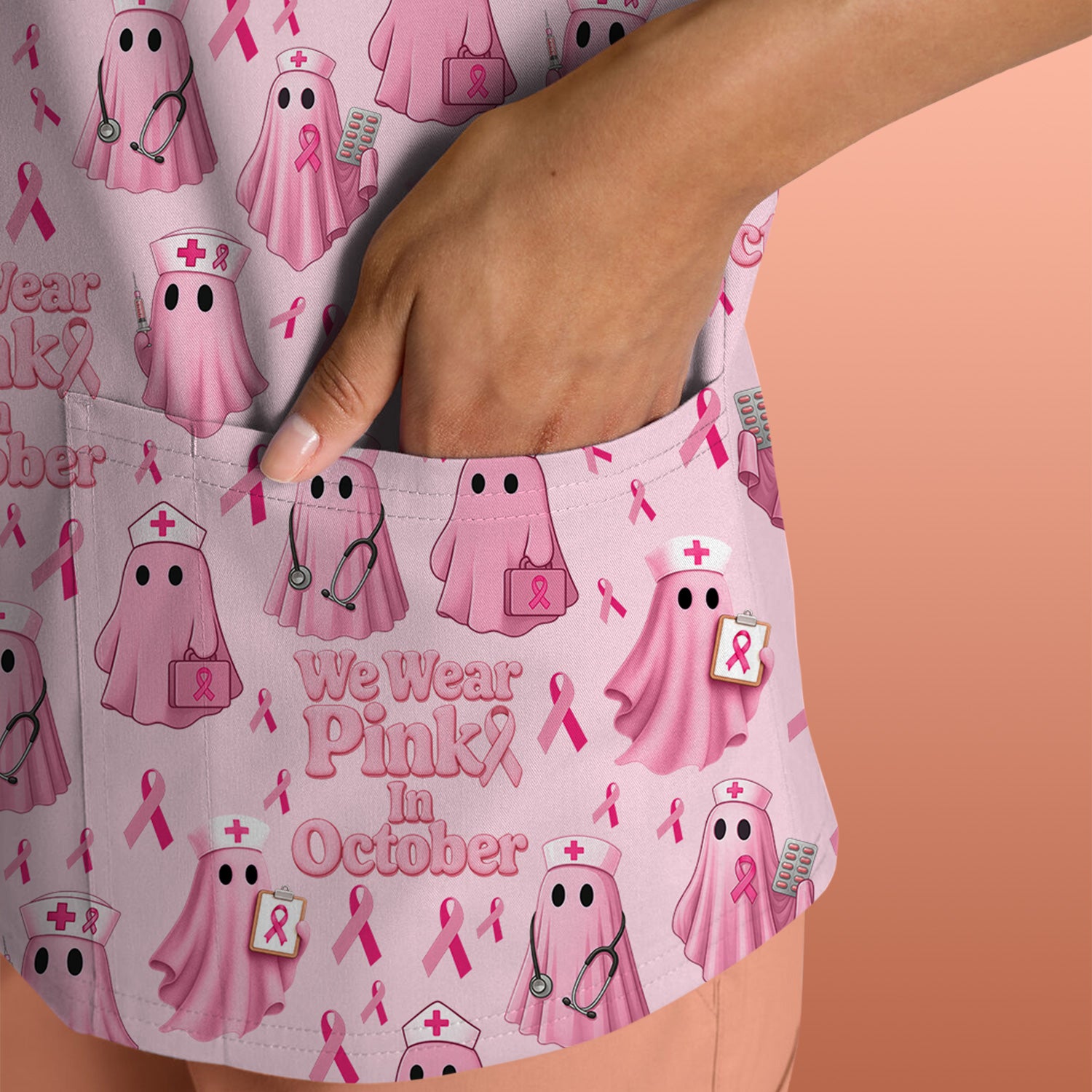 Funny Breast Cancer Awareness Scrub Top - We Wear Pink In October & Ghost Nurse Design - Gift for RN LPN CNA