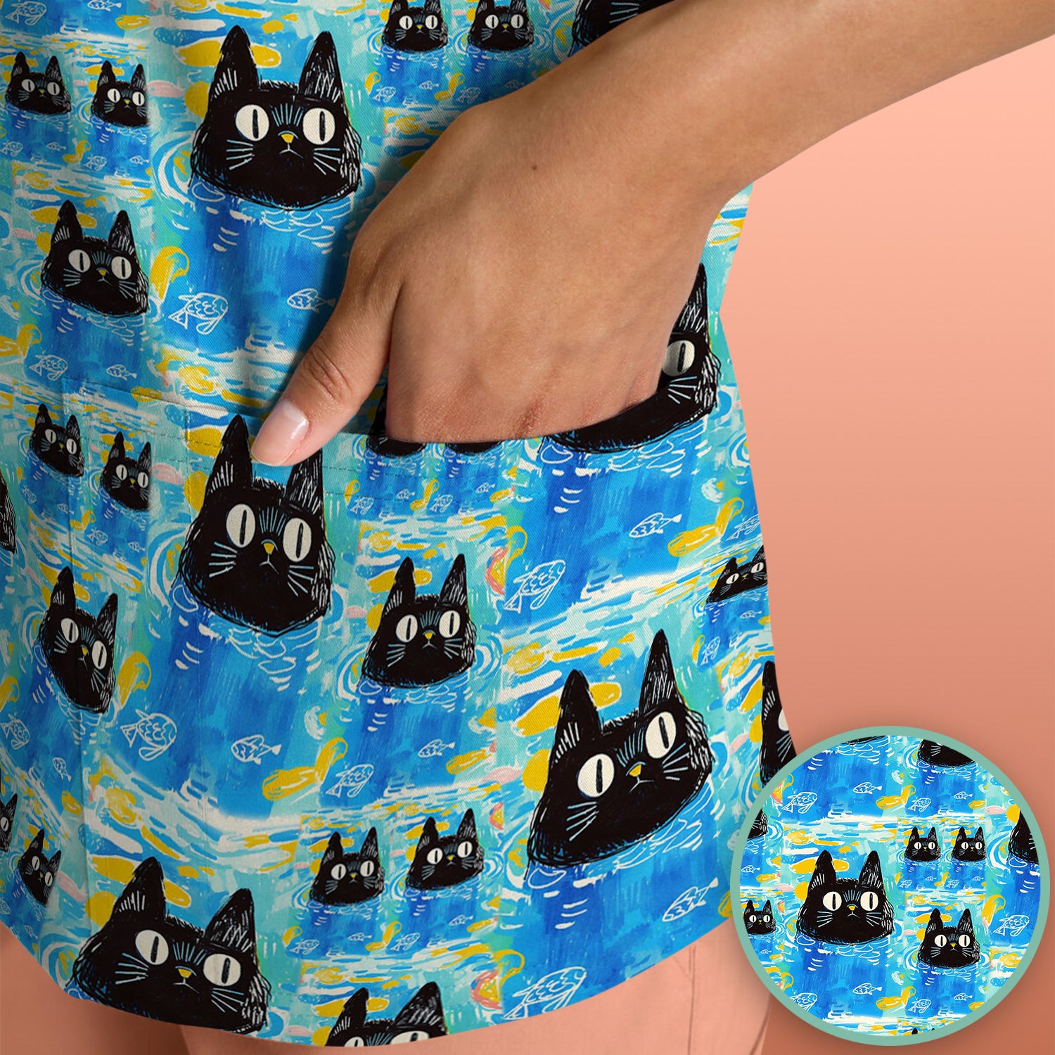 Black Cat Swimming In Blue Water Pattern Scrub Top, Comfortable Scrubs for Nurses