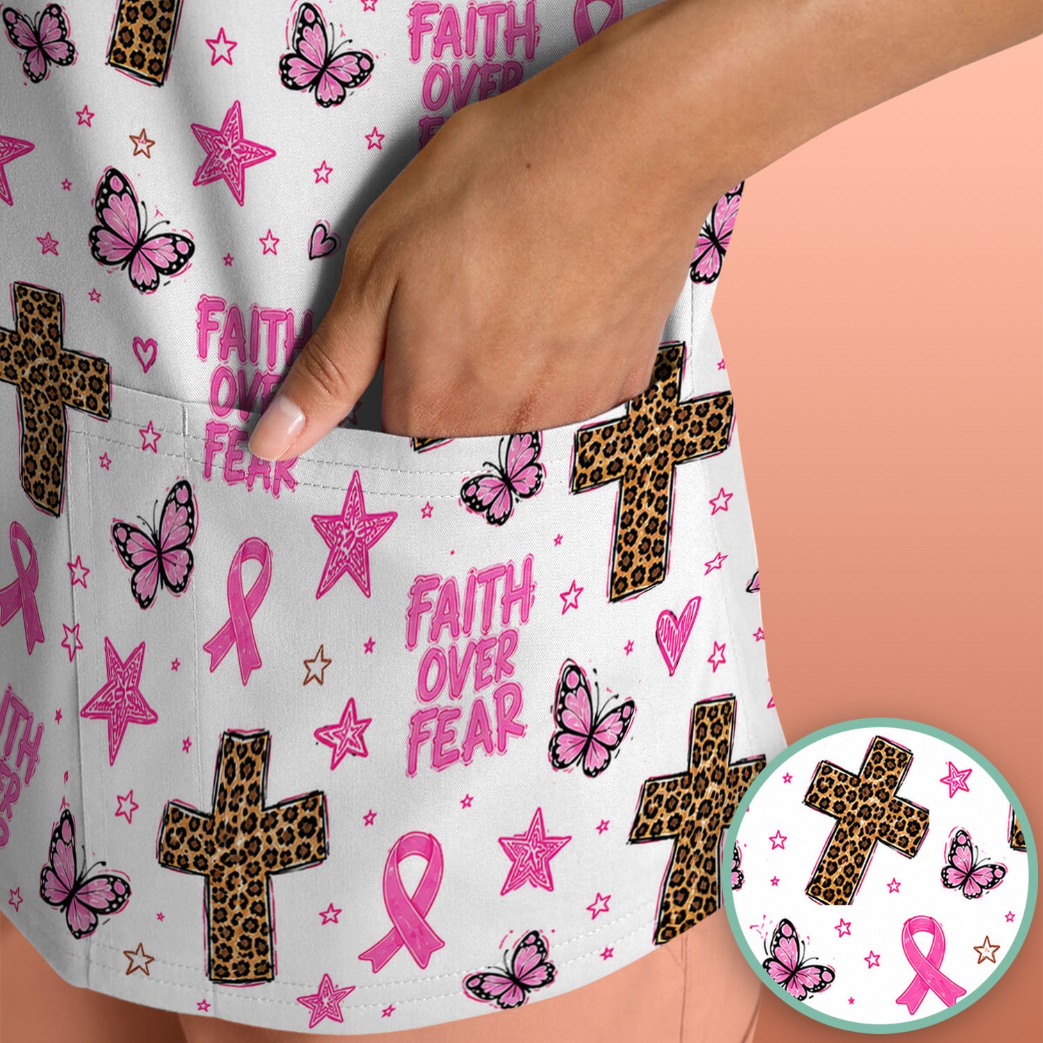 Faith Over Fear Breast Cancer Scrub Top, Comfortable Scrubs for Nurses