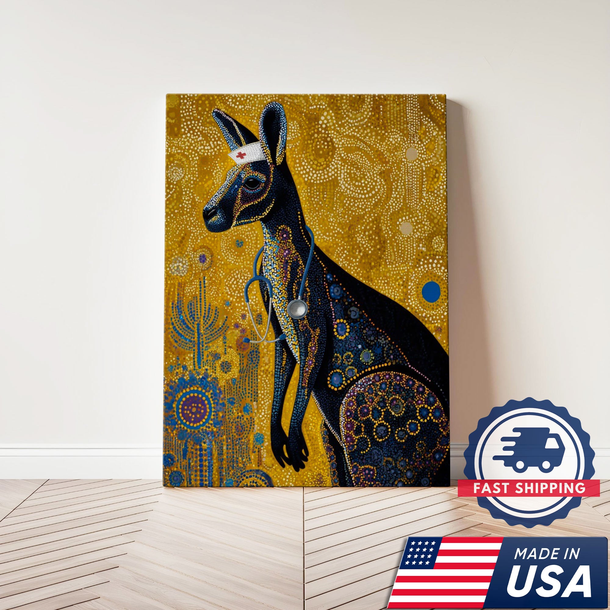 Aboriginal Style Kangaroo Canvas, Kangaroo Nurse Dot Art Poster, Australian Wildlife Decor For Nursing