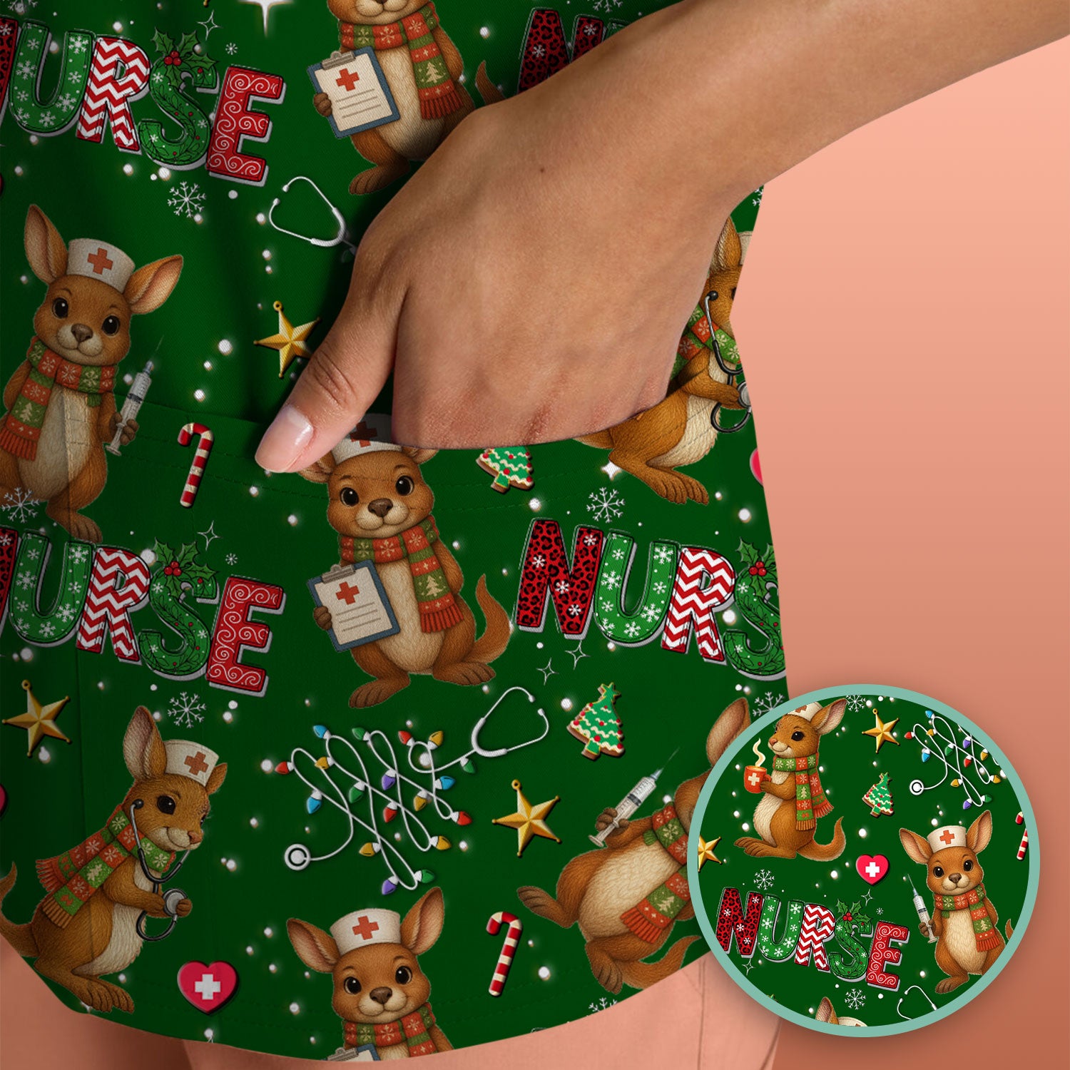 Christmas Kangaroo Nurse Scrub Top - Cute Aussie Holiday Medical Uniform - Funny Xmas Scrubs for Women