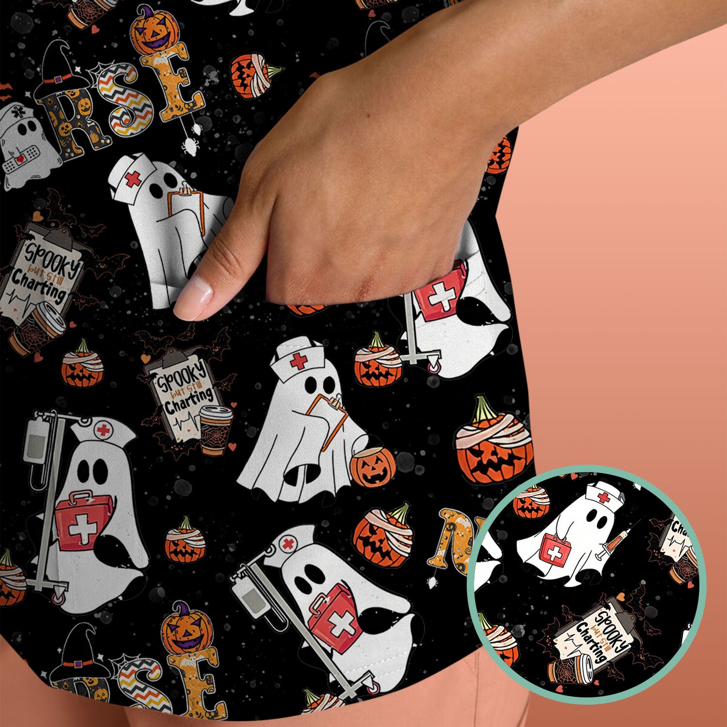 Spooky But Still Charting Halloween Scrub Top - Comfortable Scrubs for Nurses - Funny Boo Pumpkin Nursing Uniform