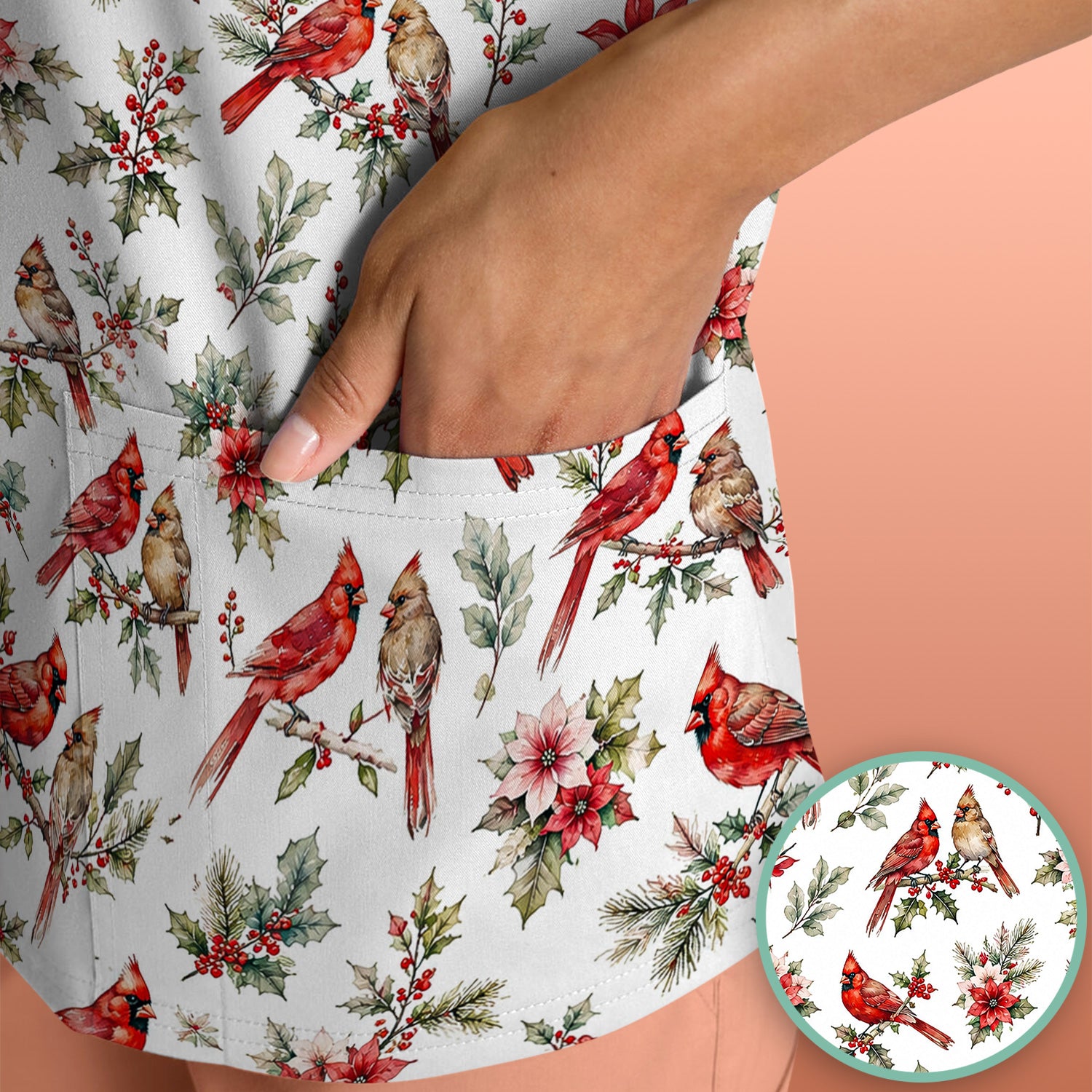 Festive Cardinal and Holly Scrub Top, Comfortable Scrubs for Nurses