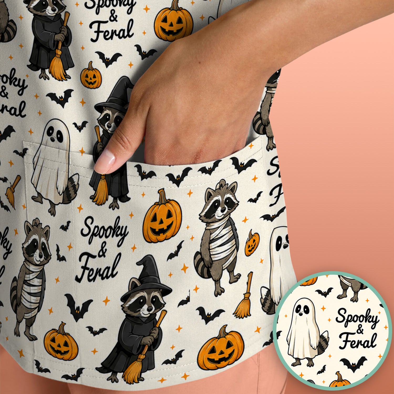 Spooky And Feral Halloween Raccoon Scrub Top, Comfortable Scrubs for Nurses