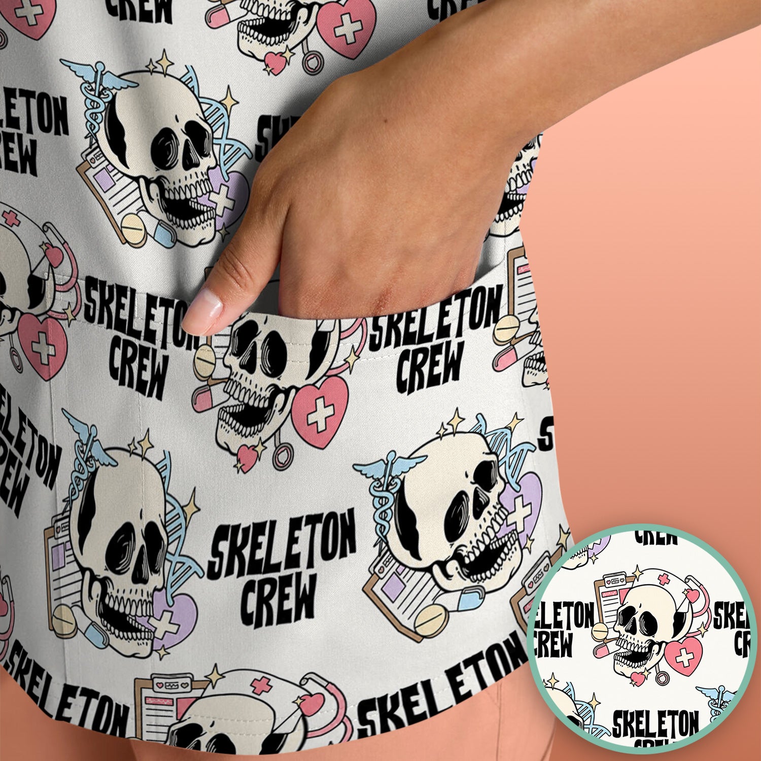 Funny Halloween Skeleton Crew Scrub Top, Comfortable Scrubs for Nurses