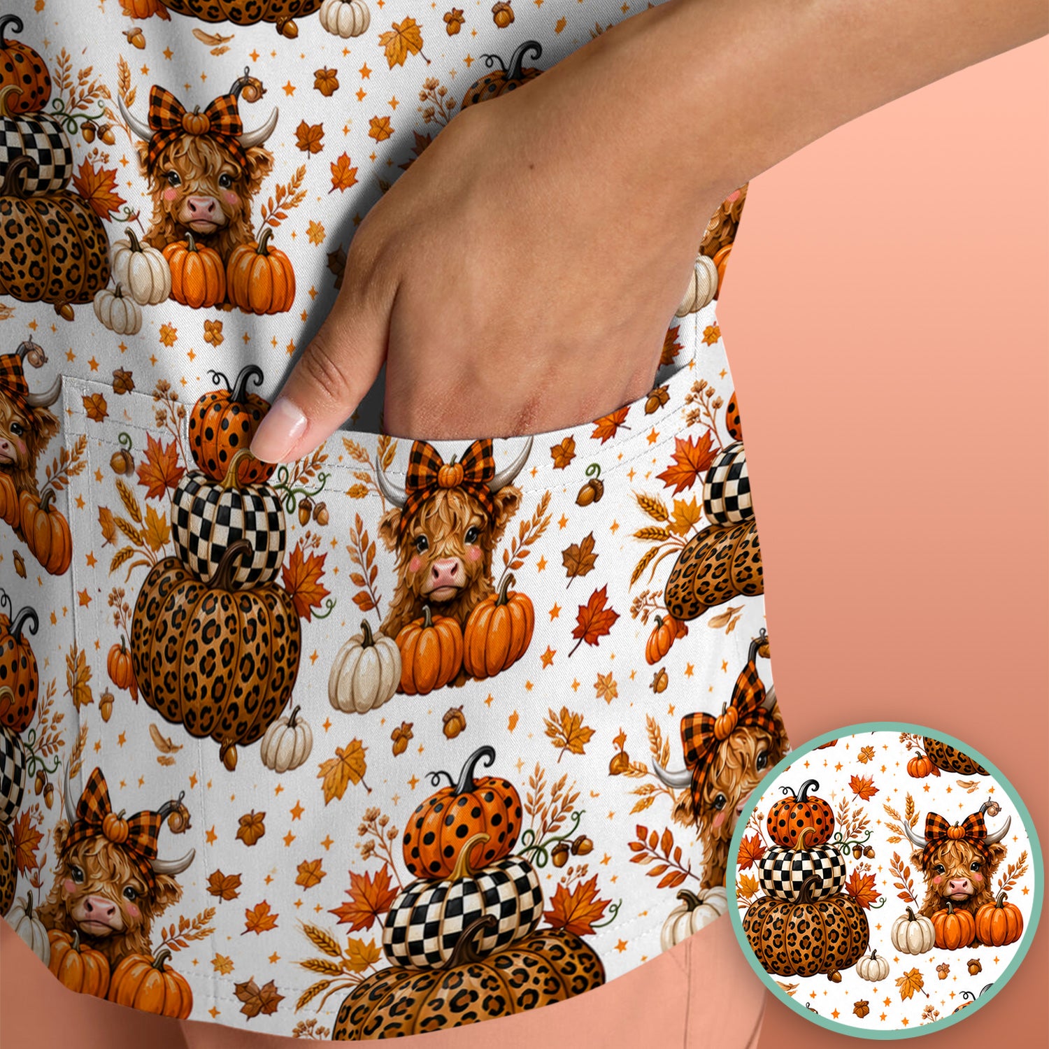 Fall Highland Cow Pattern Scrub Top, Comfortable Scrubs for Nurses