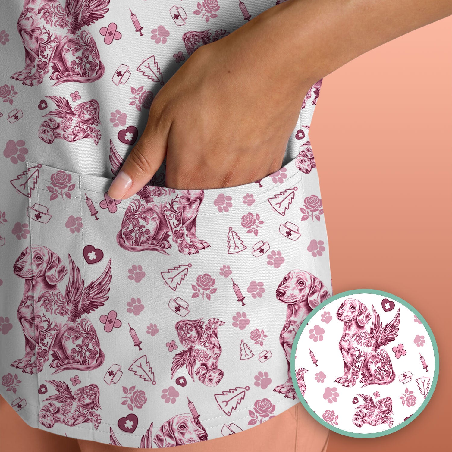 Toile de Jouy Dachshund Angel Scrub Top - Blue Vintage Dog Nurse Shirt - Memorial Christmas Gift