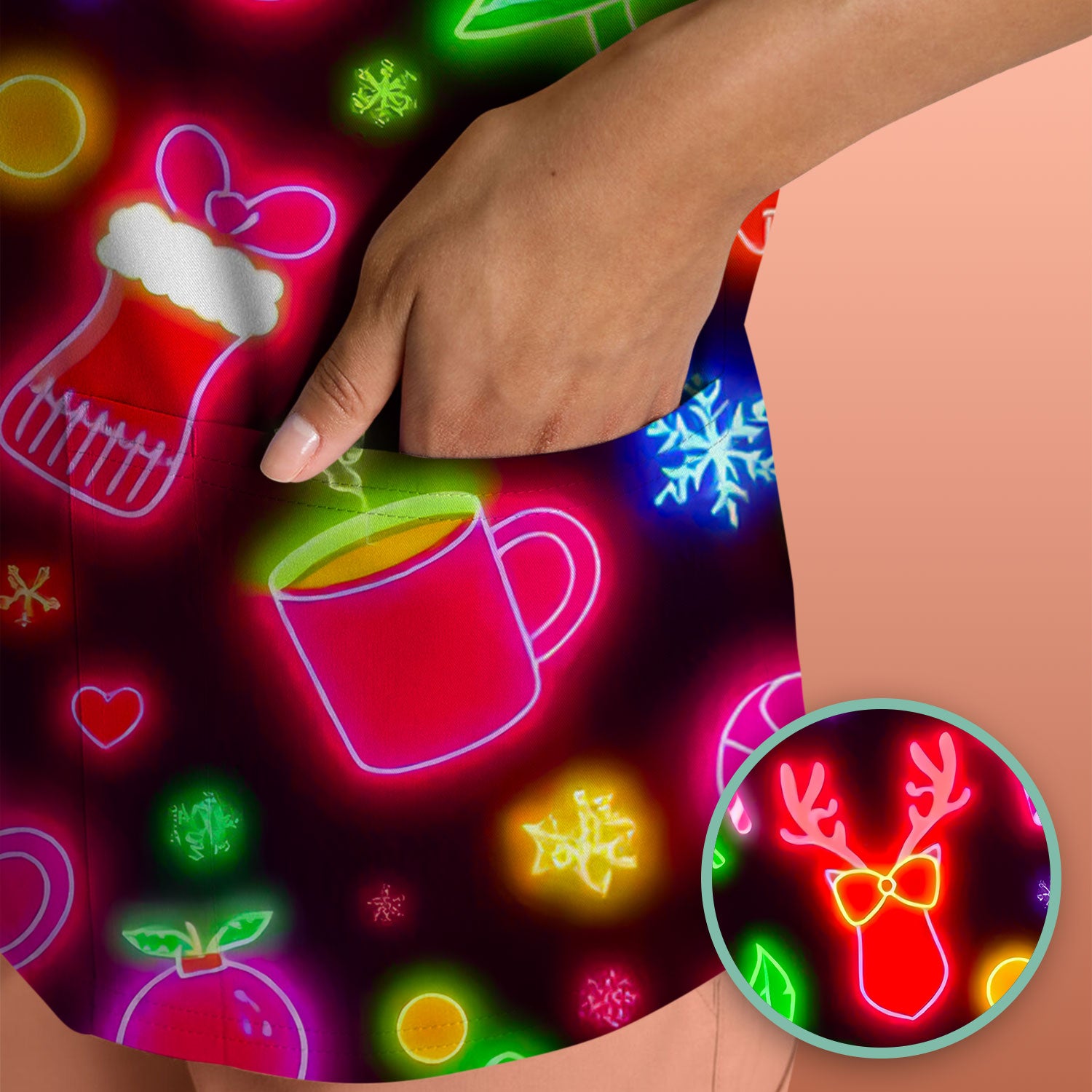 Reindeer Neon Xmas Scrub Top, Christmas Pattern Scrub Shirt,  Breathable Fabrics Nursing Uniform