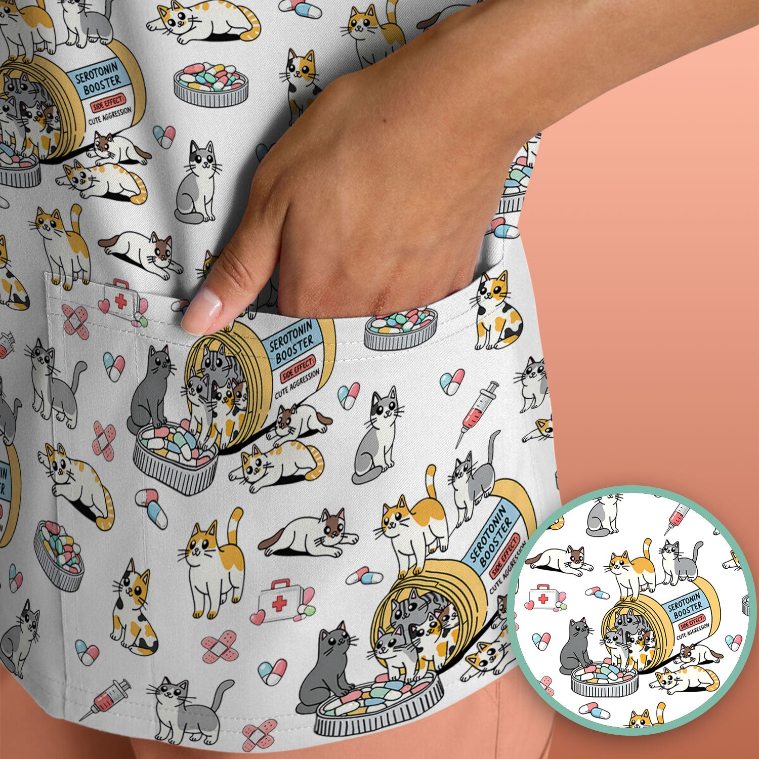 Cute Cat Serotonin Booster Pattern Scrub Top, Comfortable Scrubs for Nurses