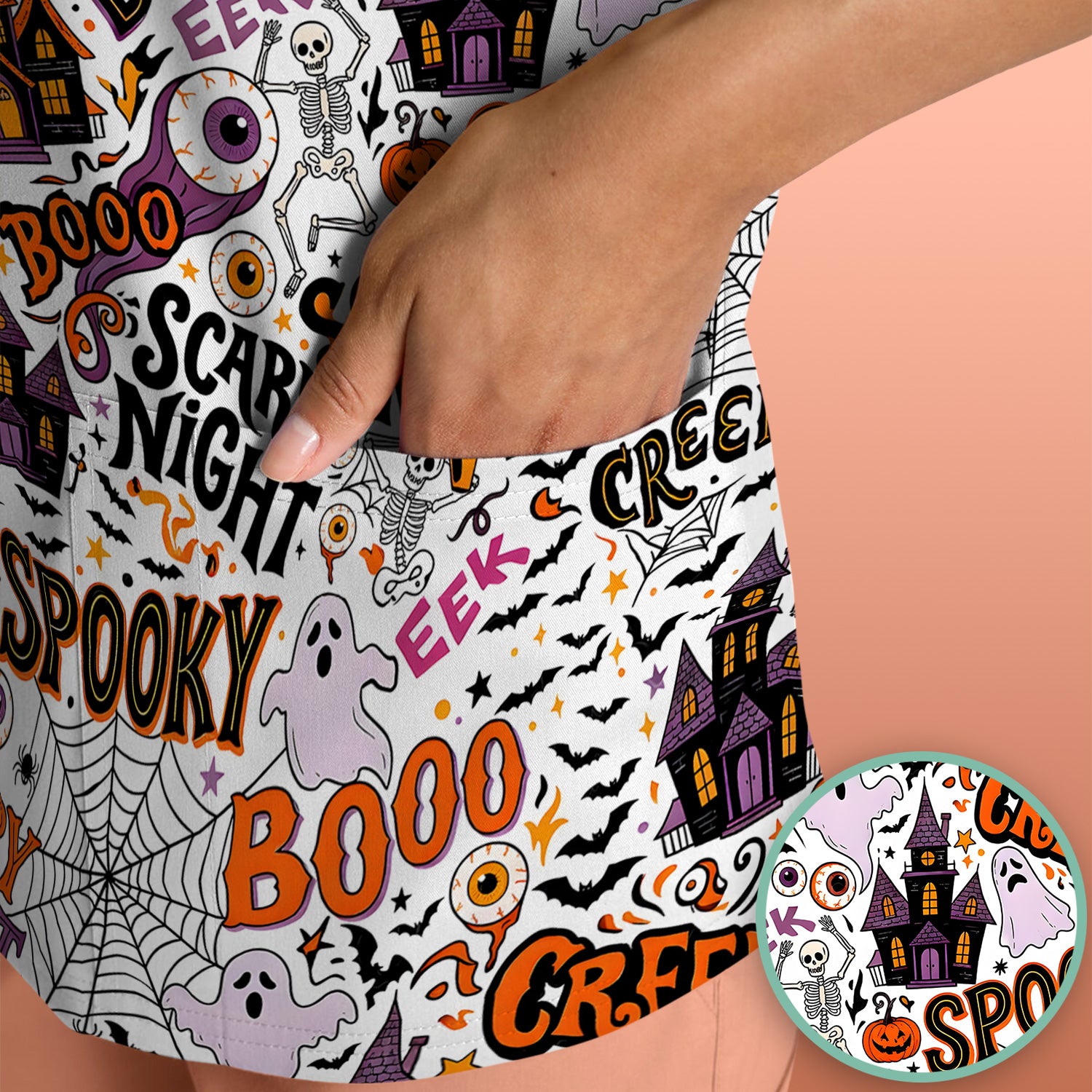Spooky Halloween Haunted House Typography Scrub Top, Comfortable Scrubs for Nurses