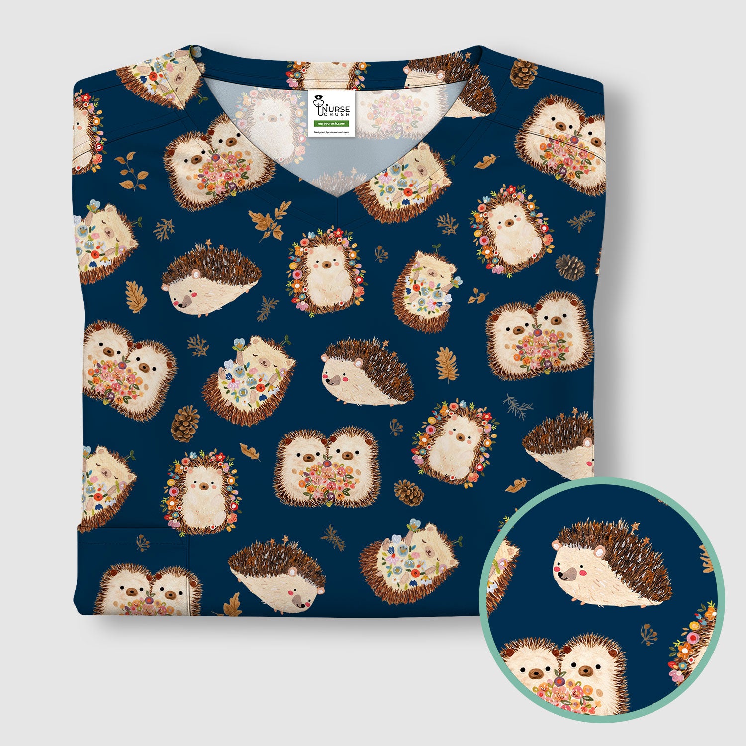Cute Hedgehog Floral Scrub Top, Breathable Fabrics Nursing Uniform