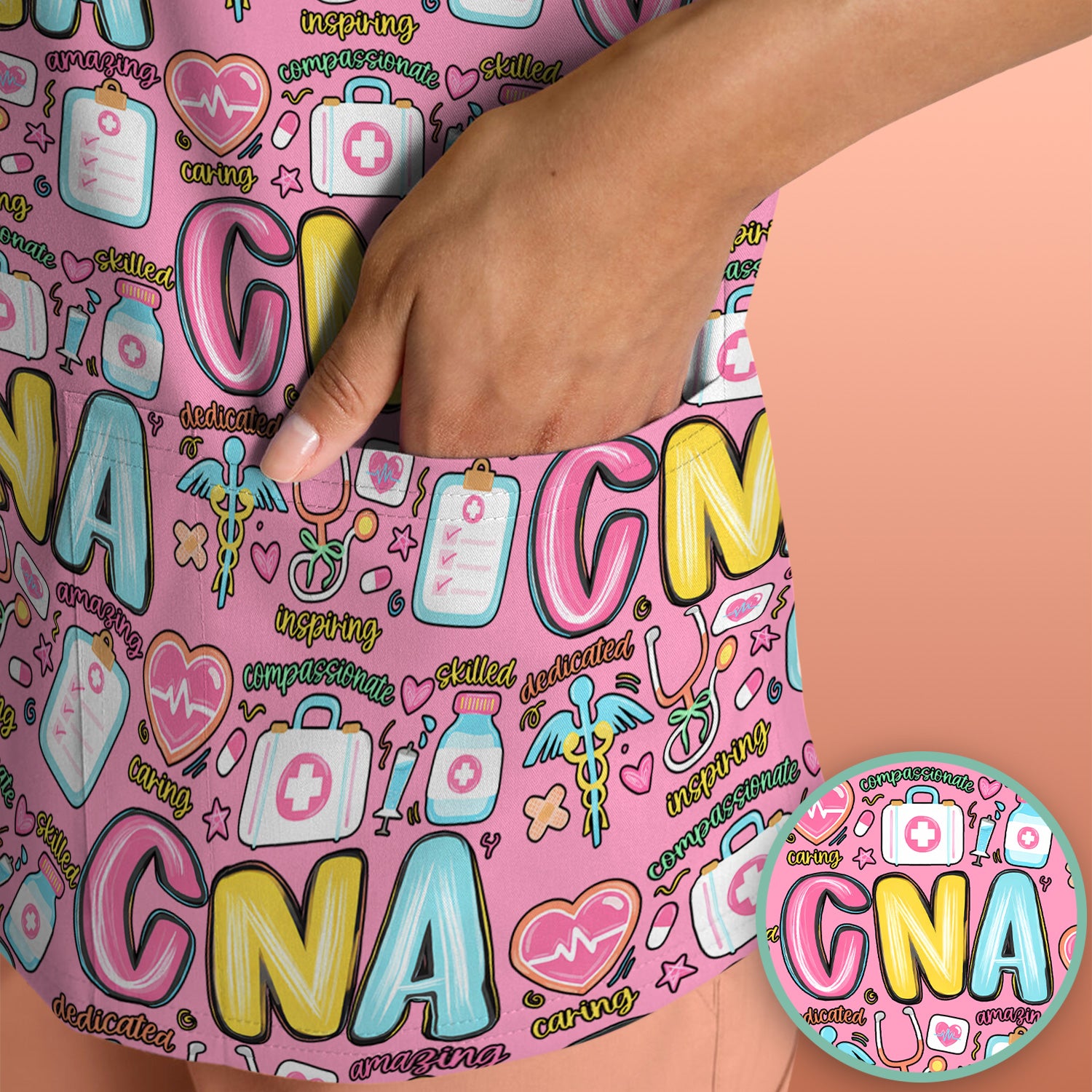 CNA Nurse Appreciation Pattern Scrub Top, Breathable Fabrics Nursing Uniform