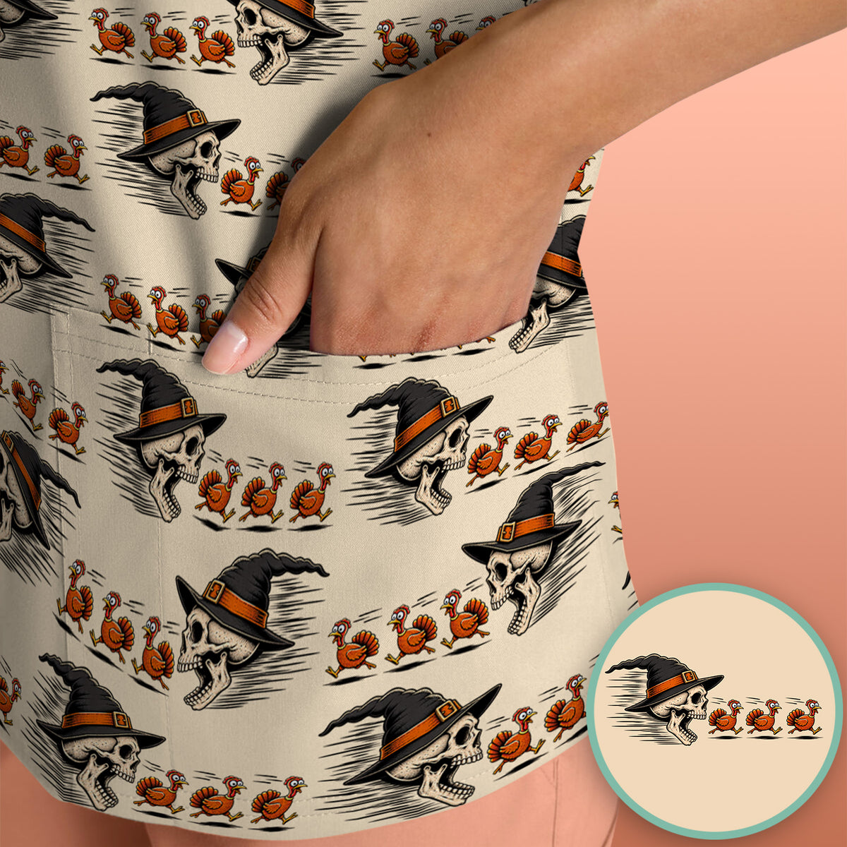 Funny Thanksgiving Skull Chasing Turkeys Pattern Scrub Top, Comfortable Scrubs for Nurses