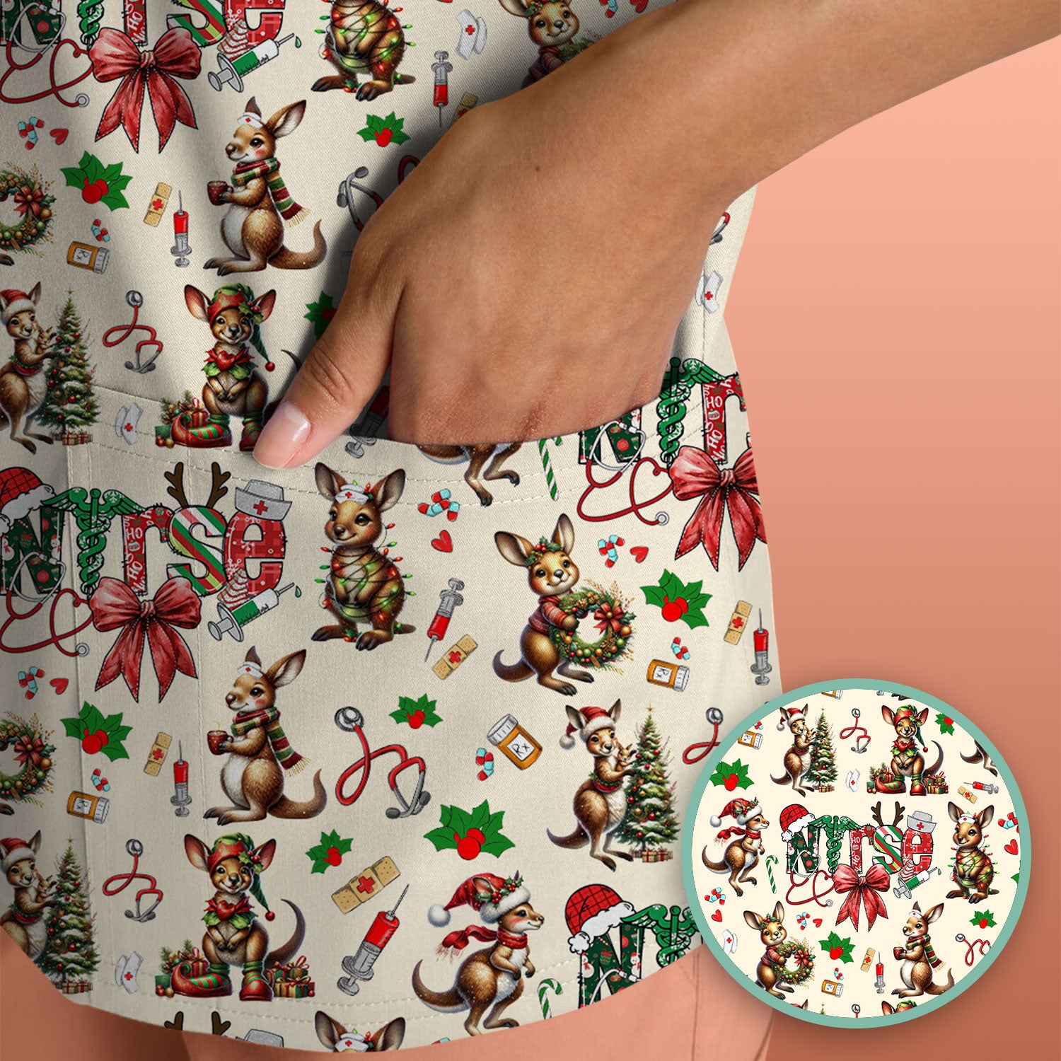 Whimsical Kangaroo Christmas Scrub Top – Festive Australian Animals Holiday Pattern – Cute Medical Uniform for Nurses, Vets & Healthcare Workers