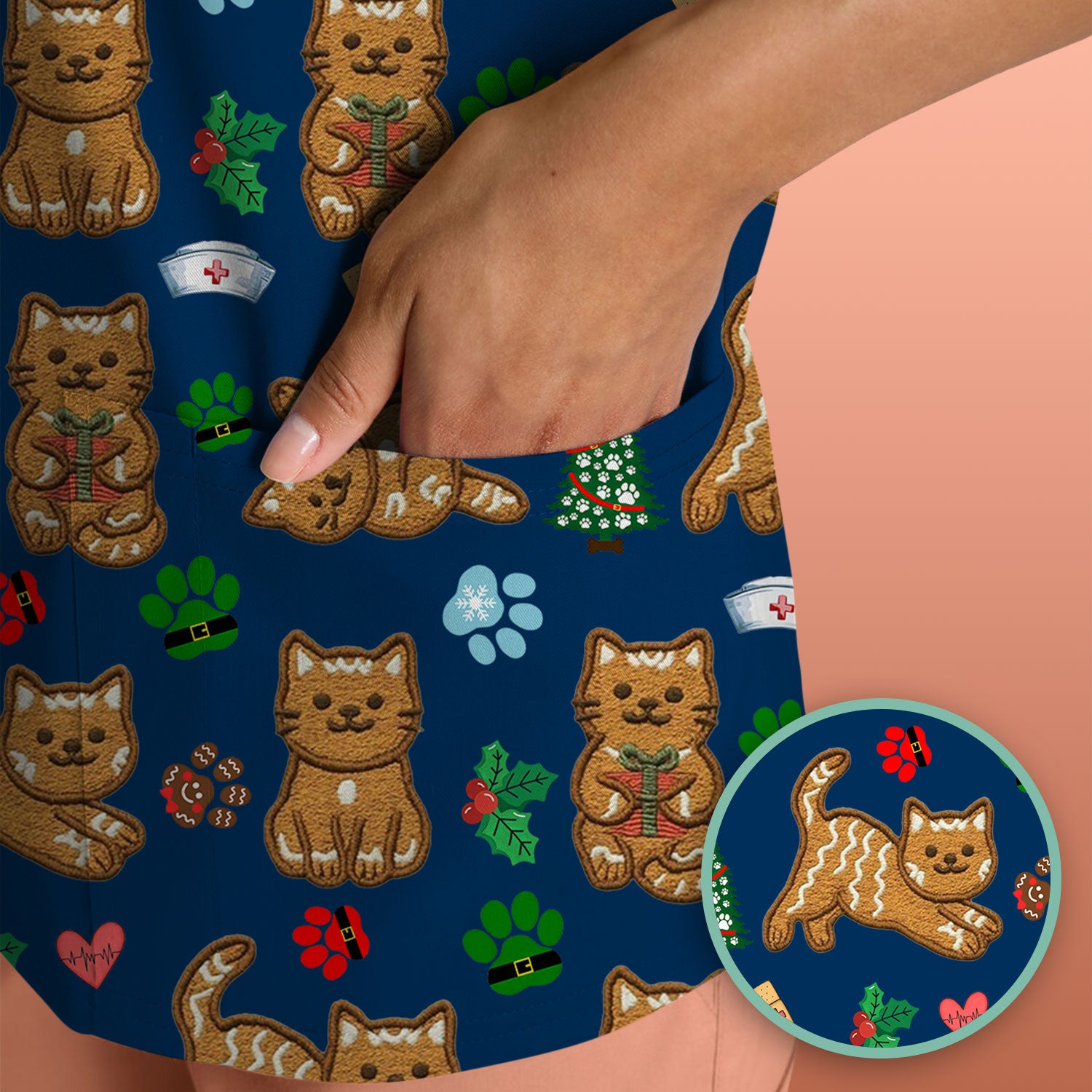 Gingerbread Cat Christmas Scrub Top, Cute Holiday Kitty Medical Uniform Shirt For Nursing, Festive Nurse Pattern