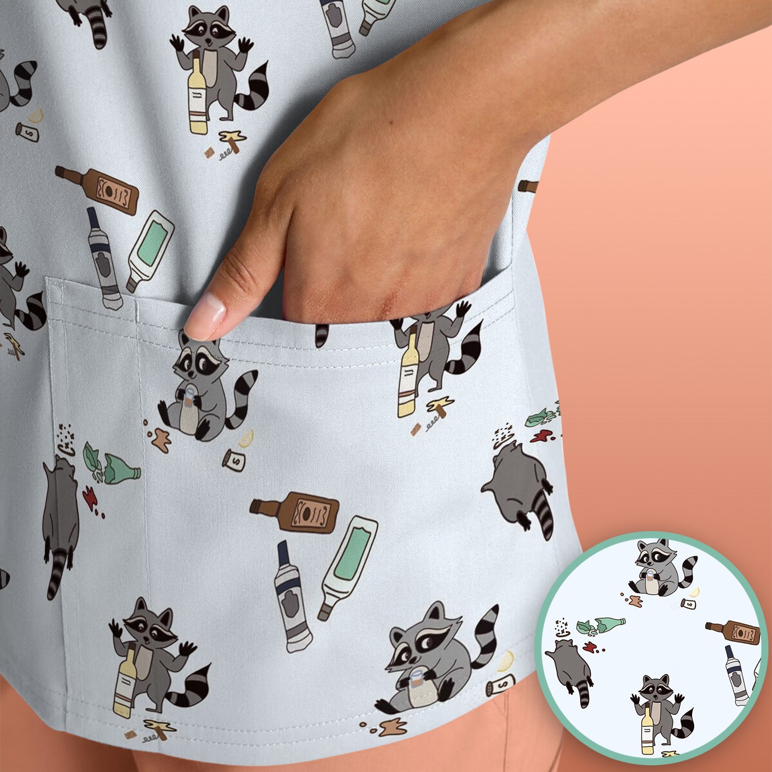 Messy Drunk Raccoon Pattern Scrub Top, Comfortable Scrubs for Nurses