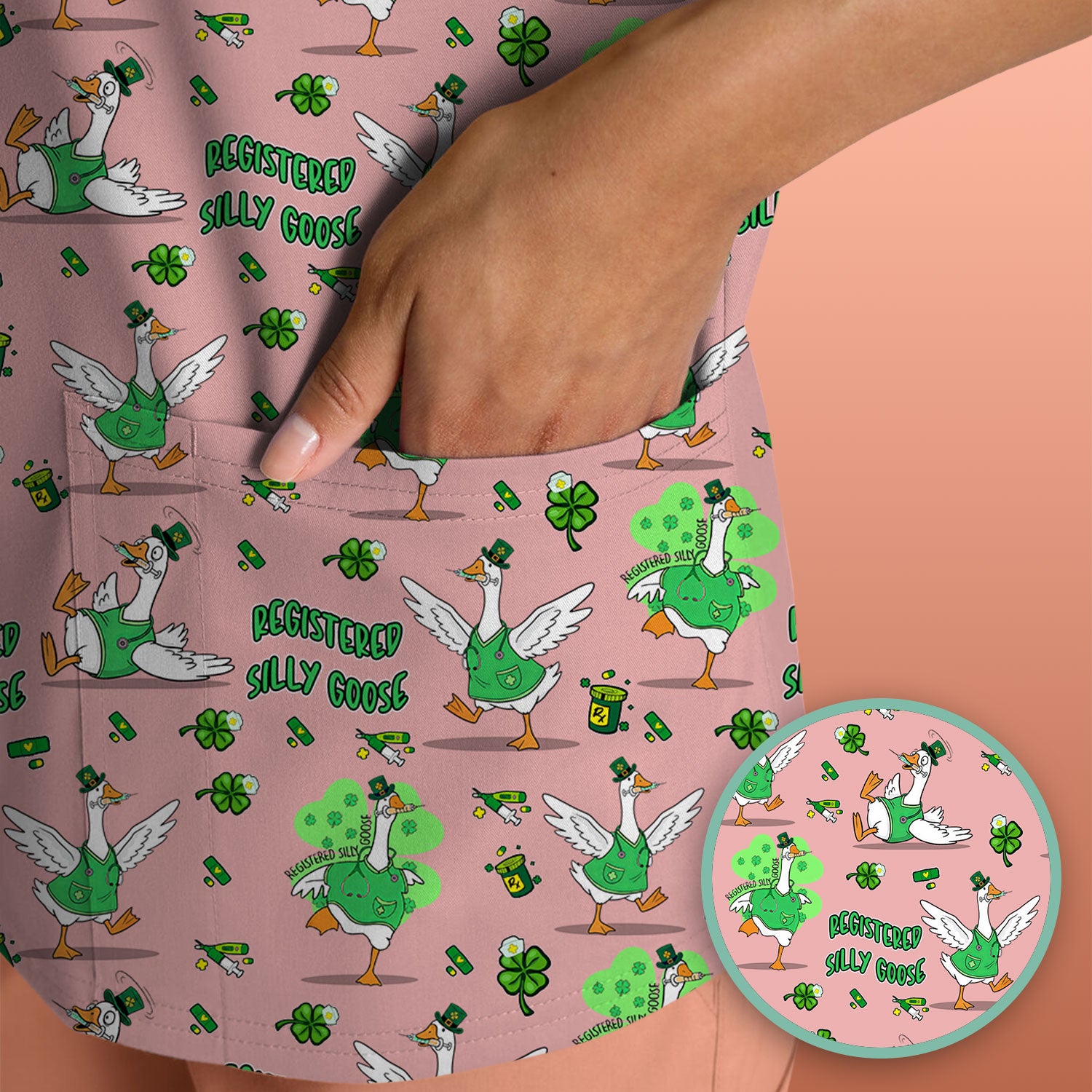 Silly Goose St. Patrick’s Day Scrub Top, Funny Goose Shamrock Pattern Nurse Scrub Shirt, Irish Green Nursing Uniform