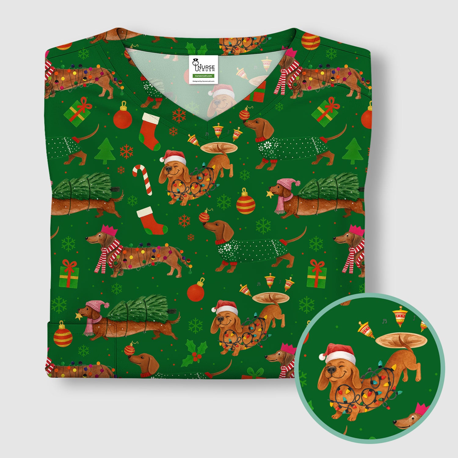 Dachshund Christmas Scrub Shirt - Multi Color Dog Print Scrubs - Funny Holiday Scrubs Gift for Women Men, Nurse, CNA, RN