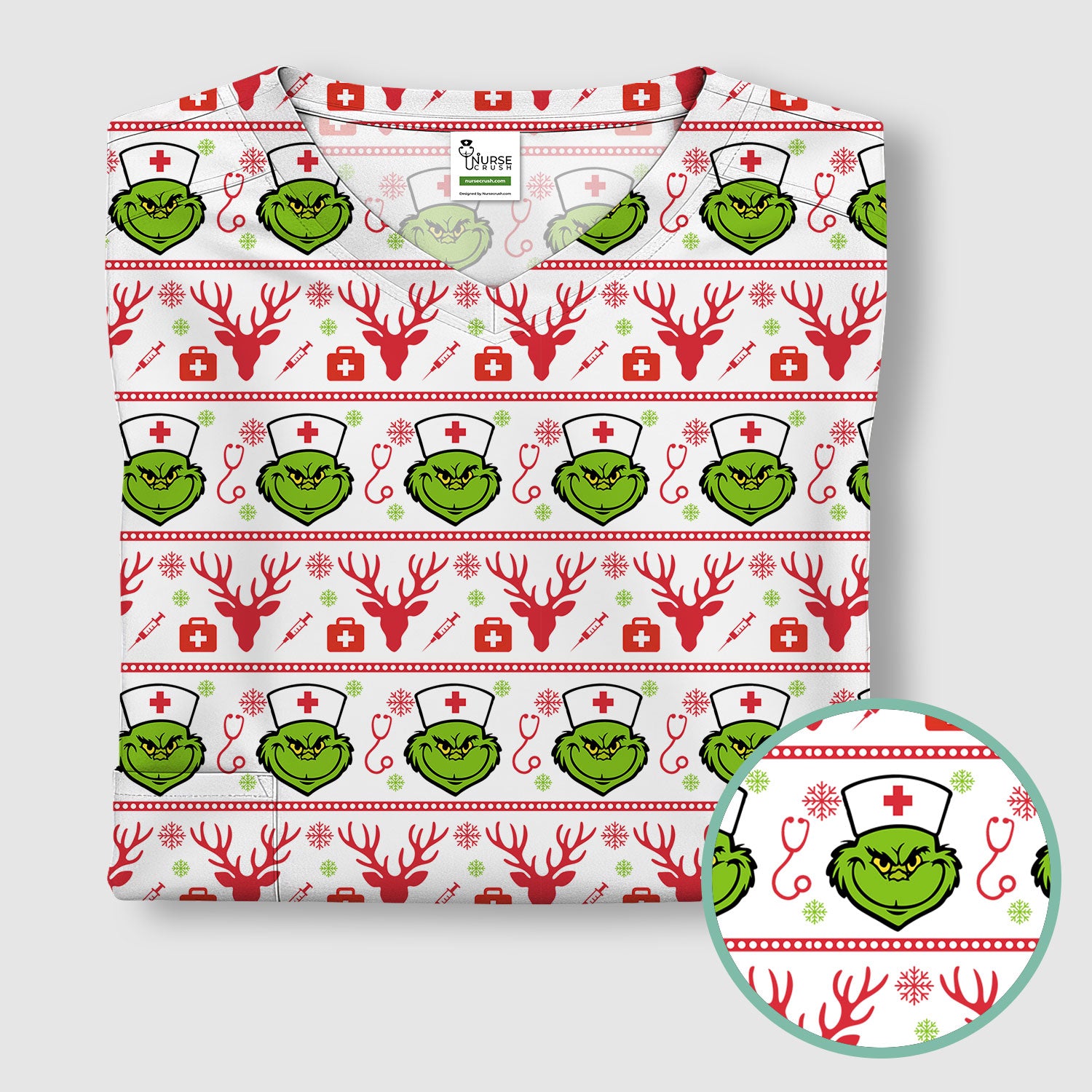 Funny Grinch Nurse Scrubs Top - Ugly Christmas Sweater Style Scrub Shirt - Holiday Nursing Workwear for Women