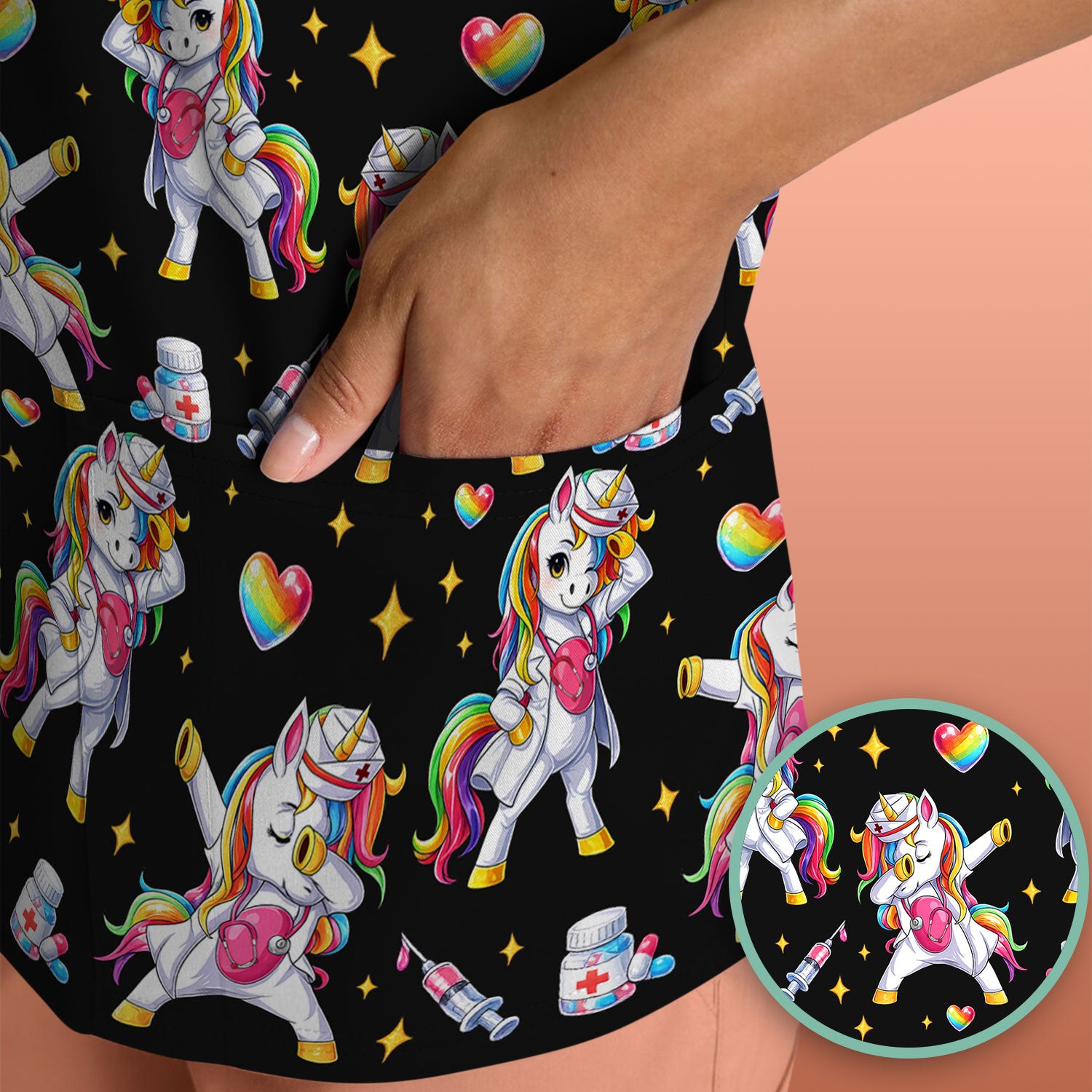 Playful Nurse Unicorn Rainbow Pattern Scrub Top, Comfortable Scrubs for Nurses