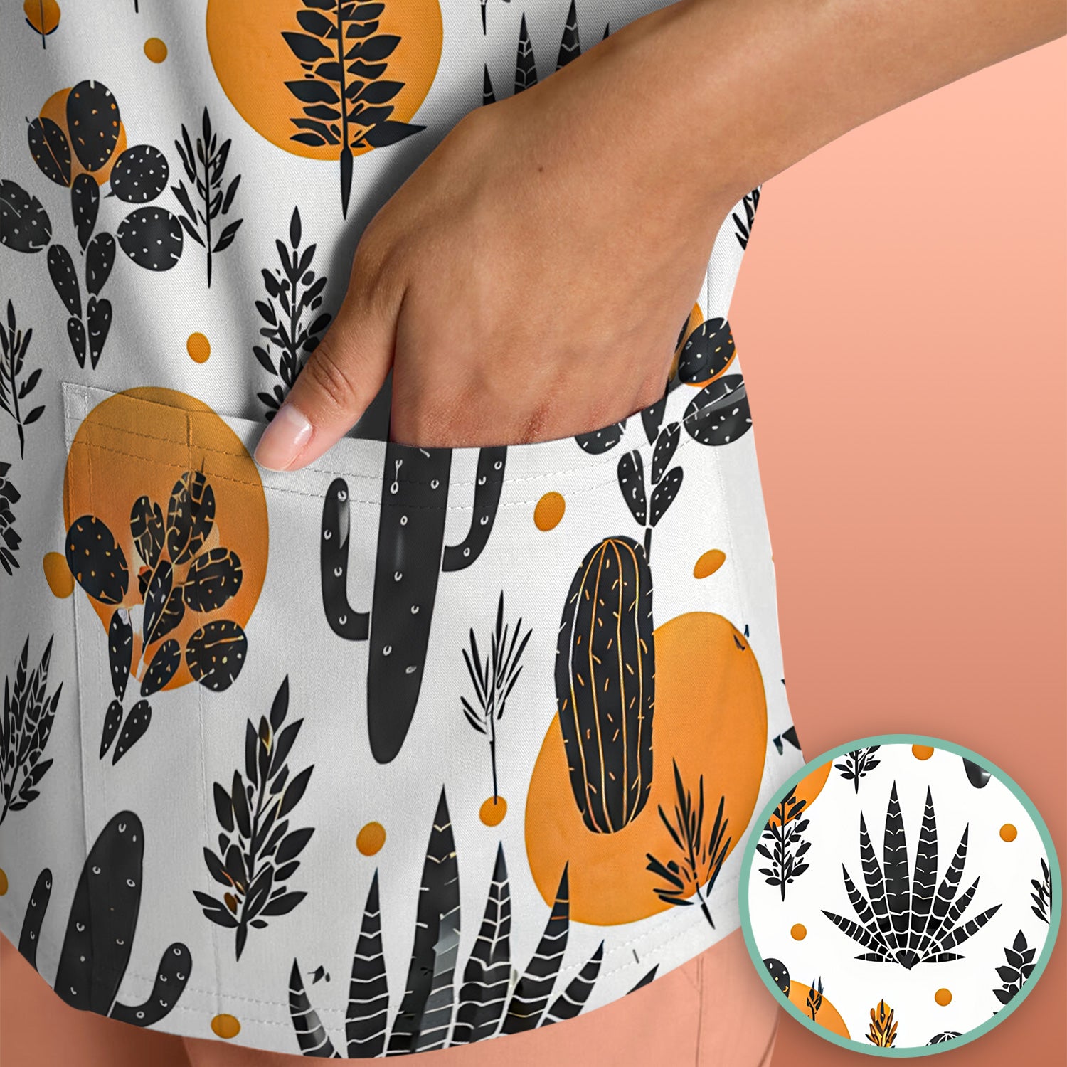 Desert Cactus Orange Sun Pattern Scrub Top, Comfortable Scrubs for Nurses