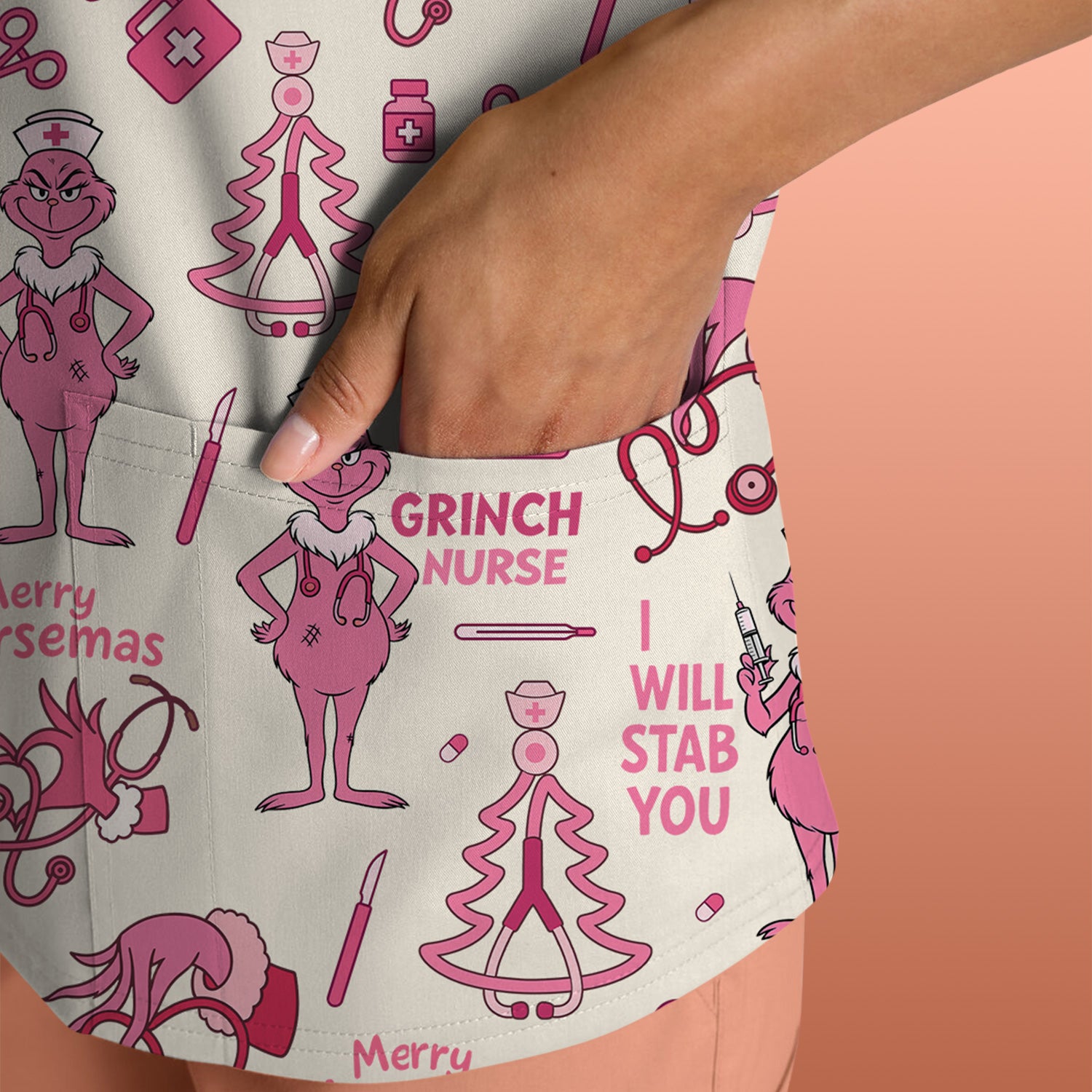 Personalized Funny Grinch Nurse Scrub Top - I Will Stab You - Multiple Color Options RN LPN CNA Gift