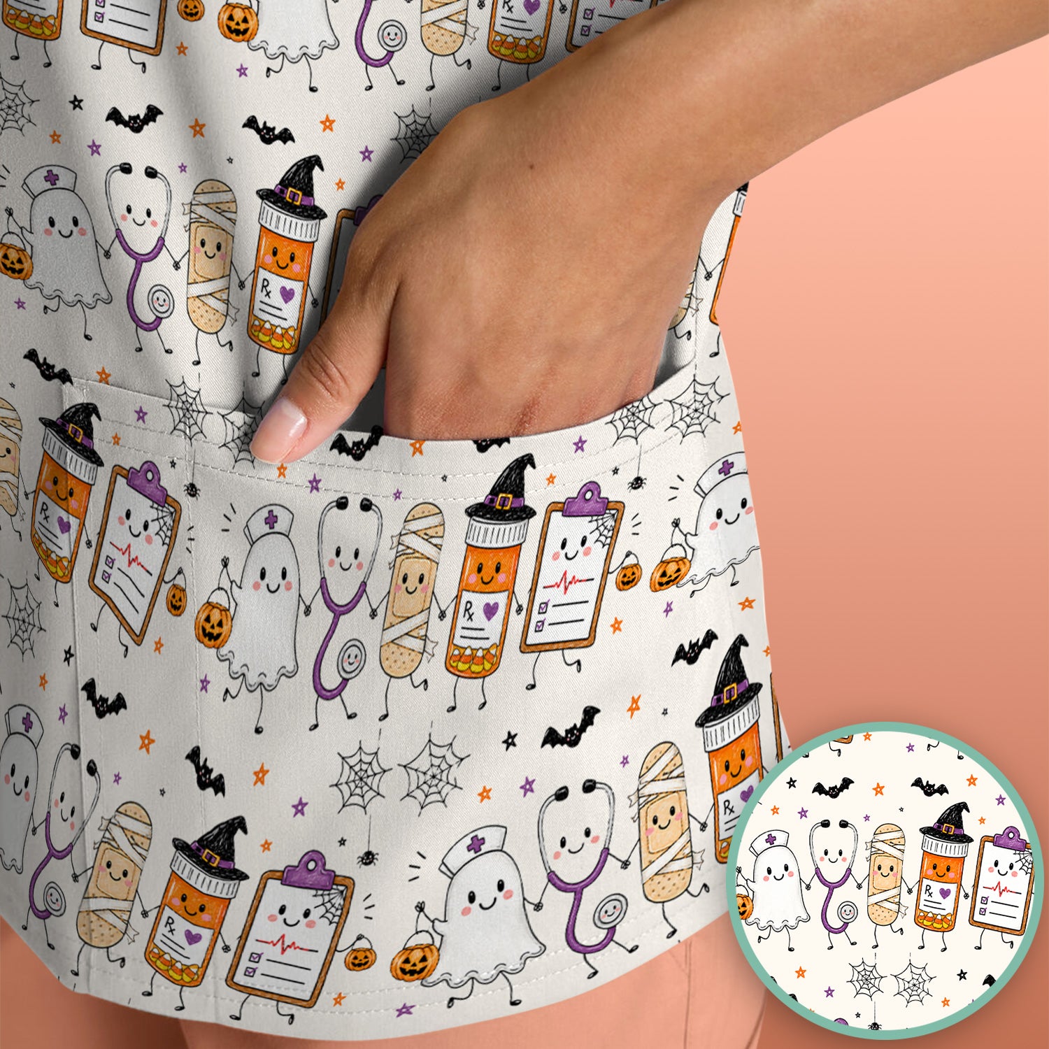 Halloween Medical Characters Print Scrub Top, Comfortable Scrubs for Nurses