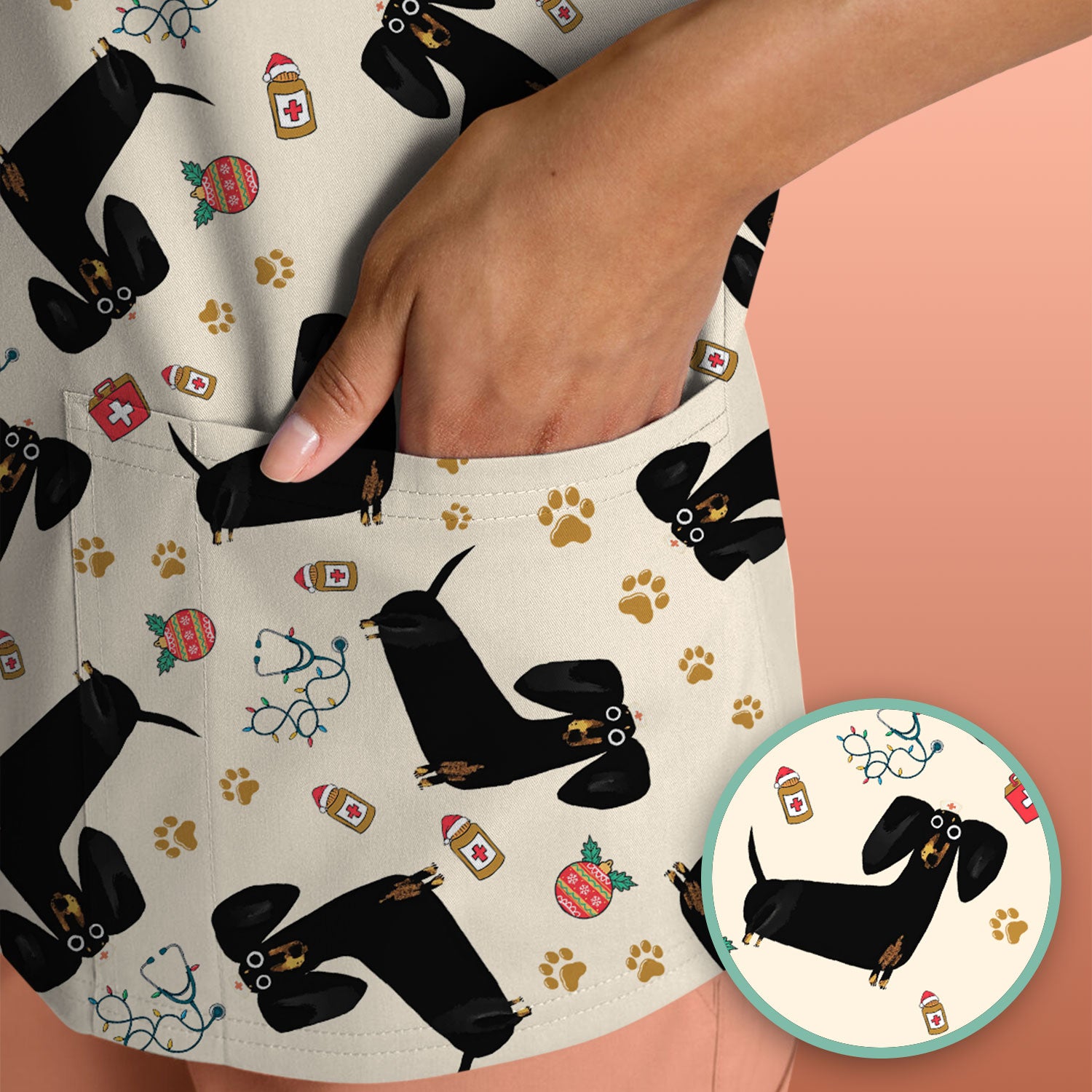 Funny Black Dachshund Scrub Top for Nurses - Cute Wiener Dog Medical Shirt - Puppy Lover Nursing Gift for Women