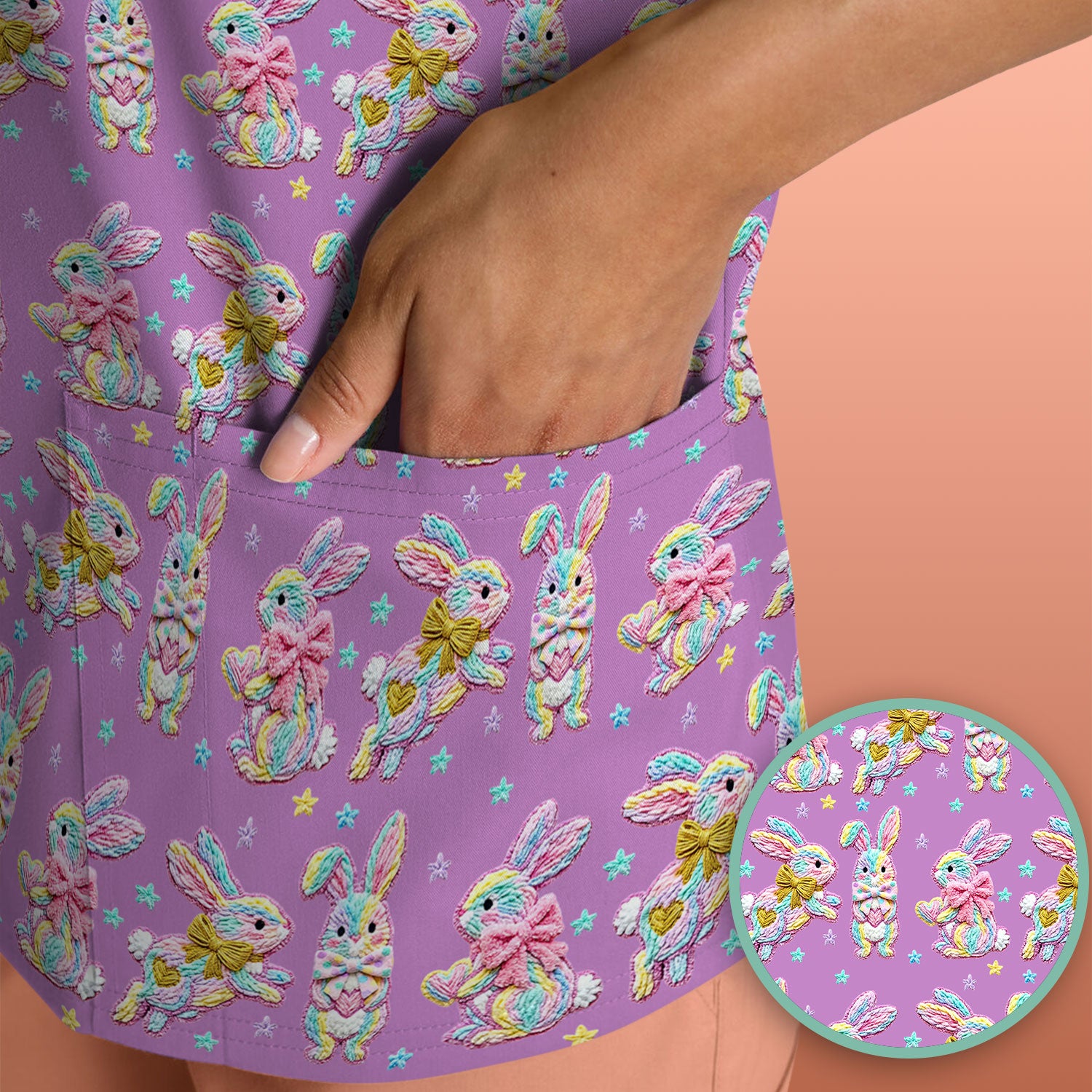 Cartoon Bunny All Over Print Scrub Top, Comfortable Scrubs for Nurses, Easter