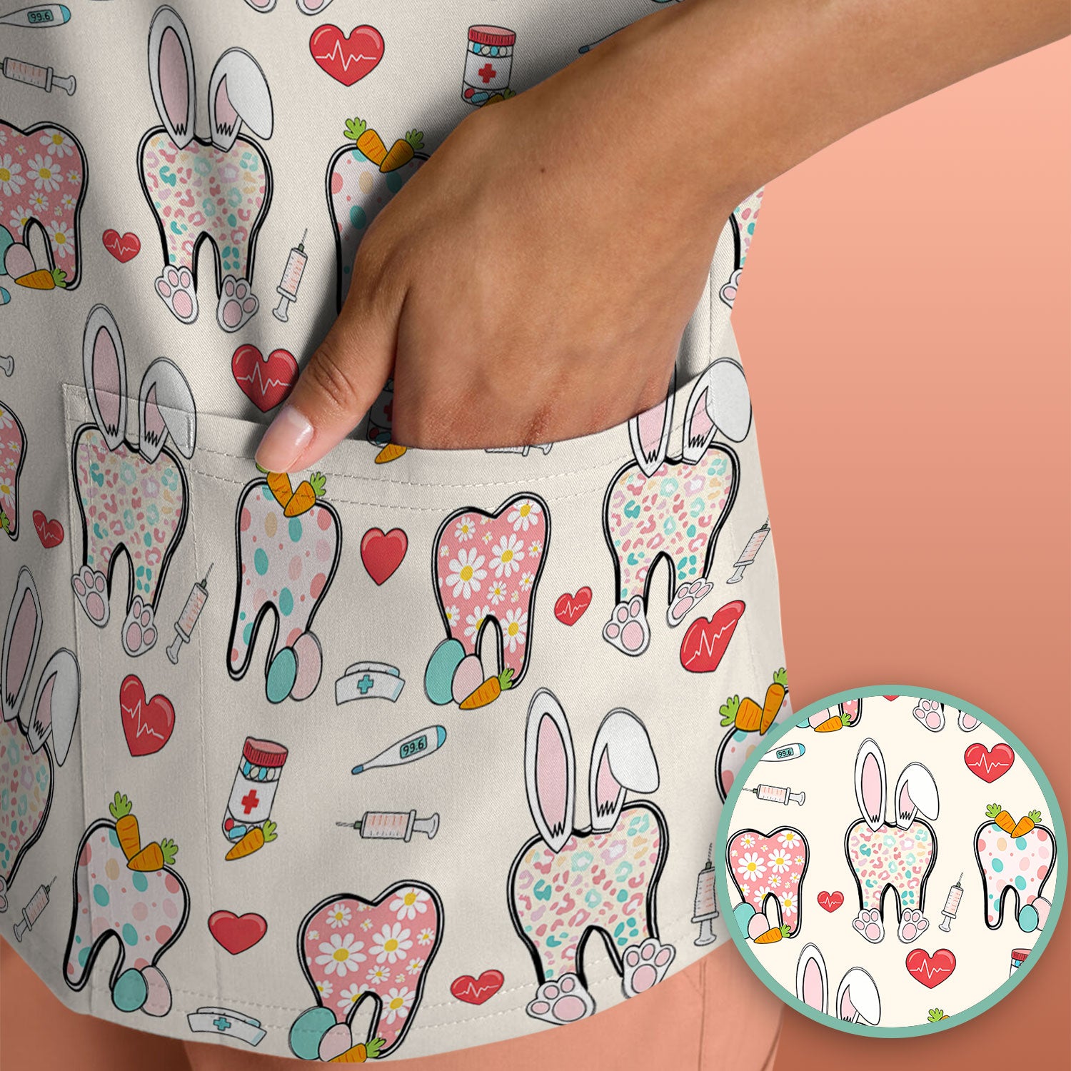 Playful Bunny Dentist Illustration Medical Scrub Top, Comfortable Scrubs for Nurses, Easter