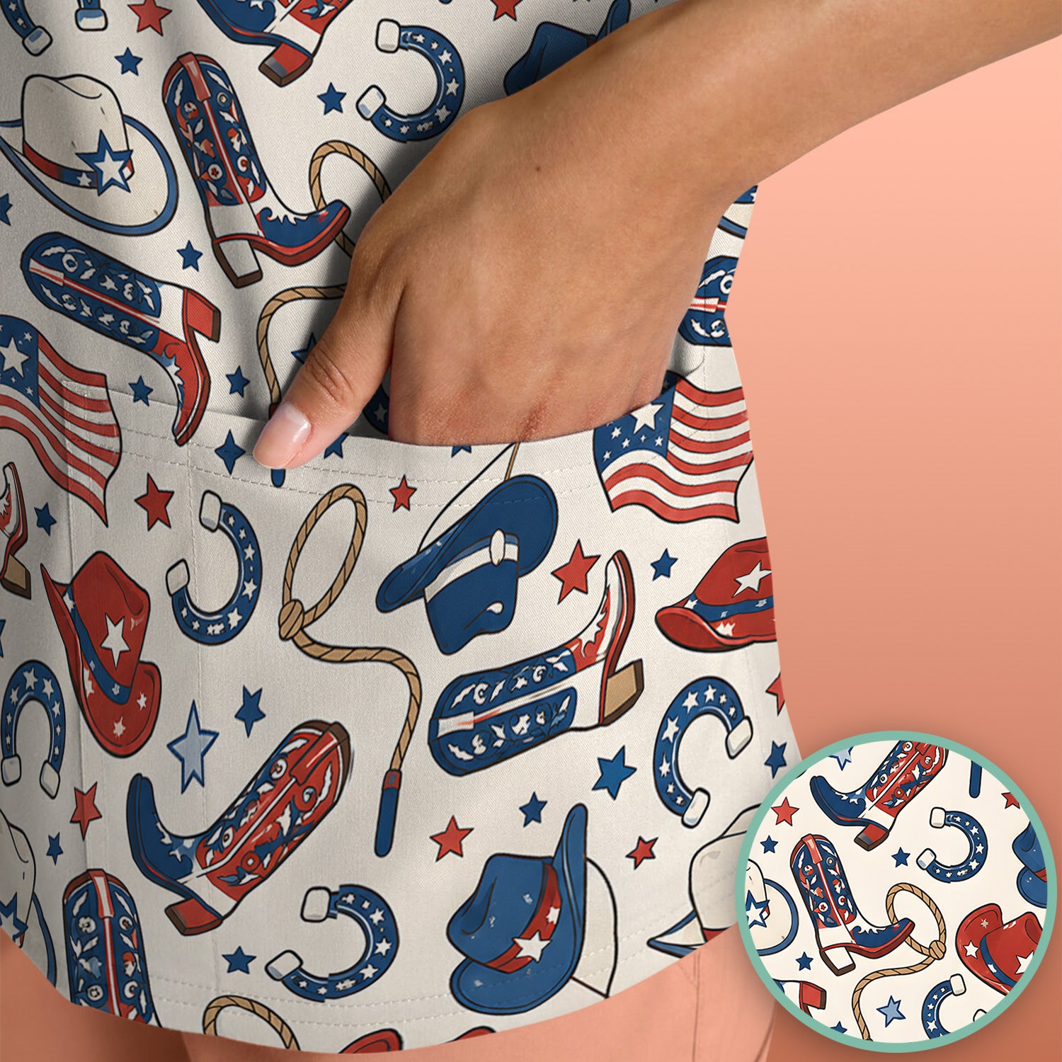 Patriotic Cowboy Boots Horseshoe Pattern Scrub Top, Comfortable Scrubs for Nurses