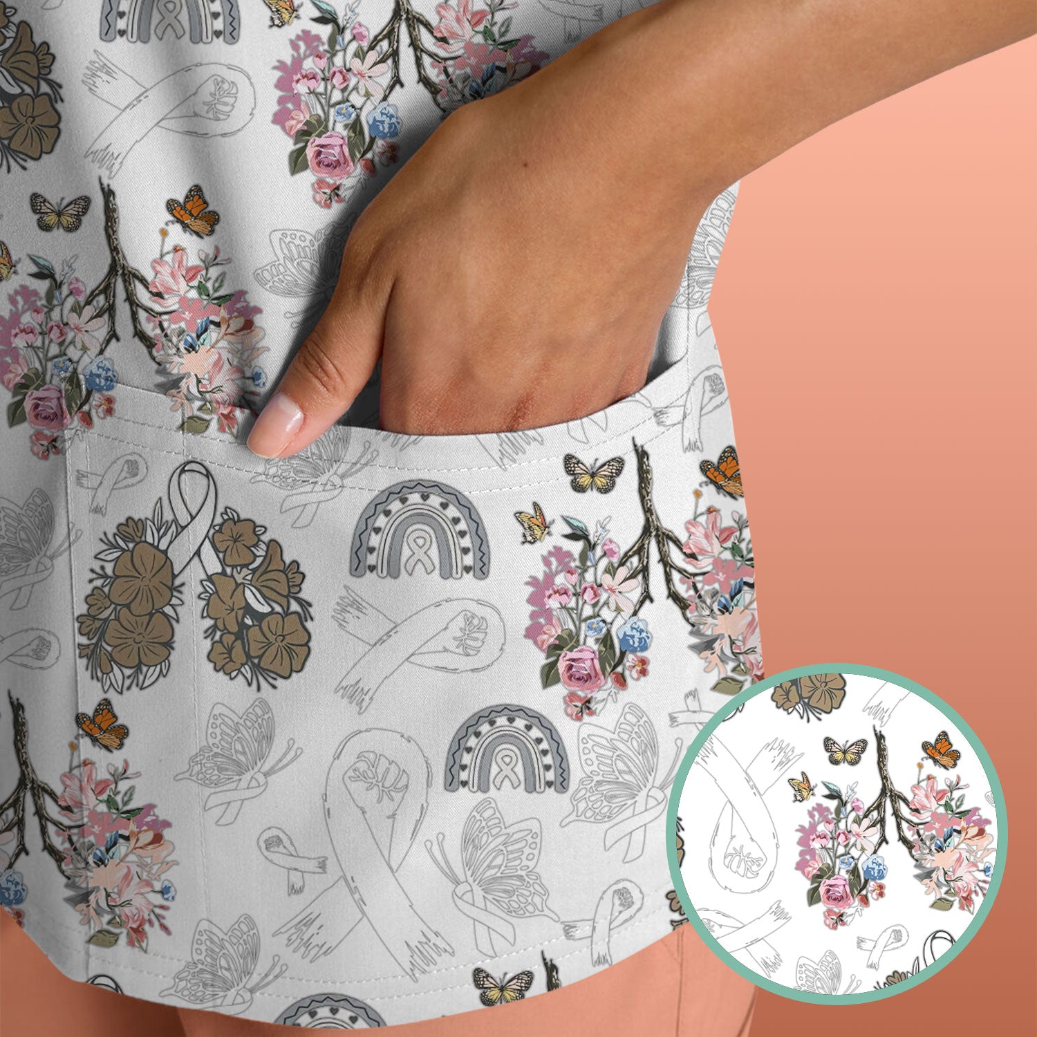 Lung Cancer Awareness Nurse Scrub Top - White Ribbon Butterfly Floral Medical Uniform - Comfortable V-Neck Nursing Shirt Gift