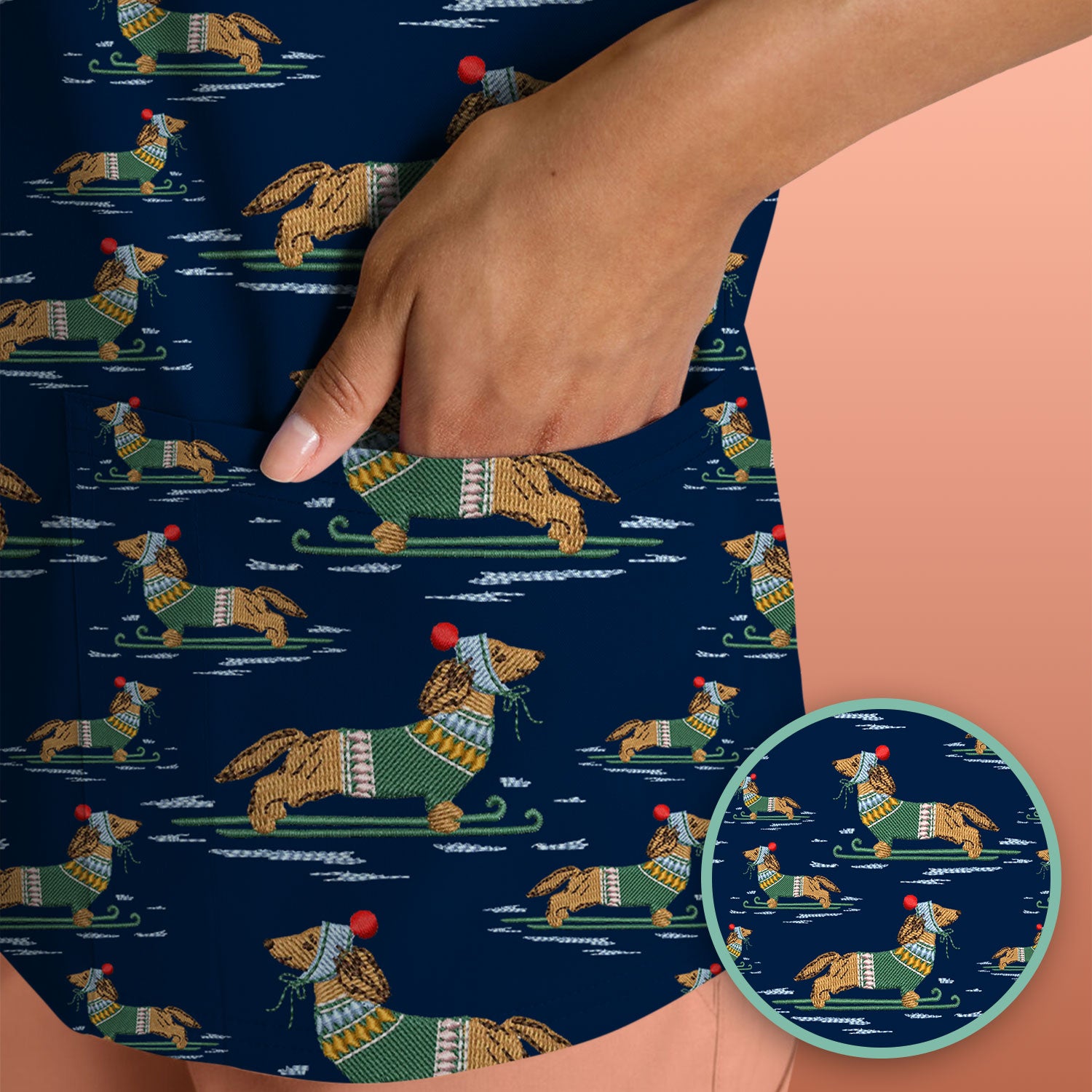 Dachshund Nurse Scrub Top, Wiener Dog Winter Pattern Shirt, Breathable Fabrics Nursing Uniform