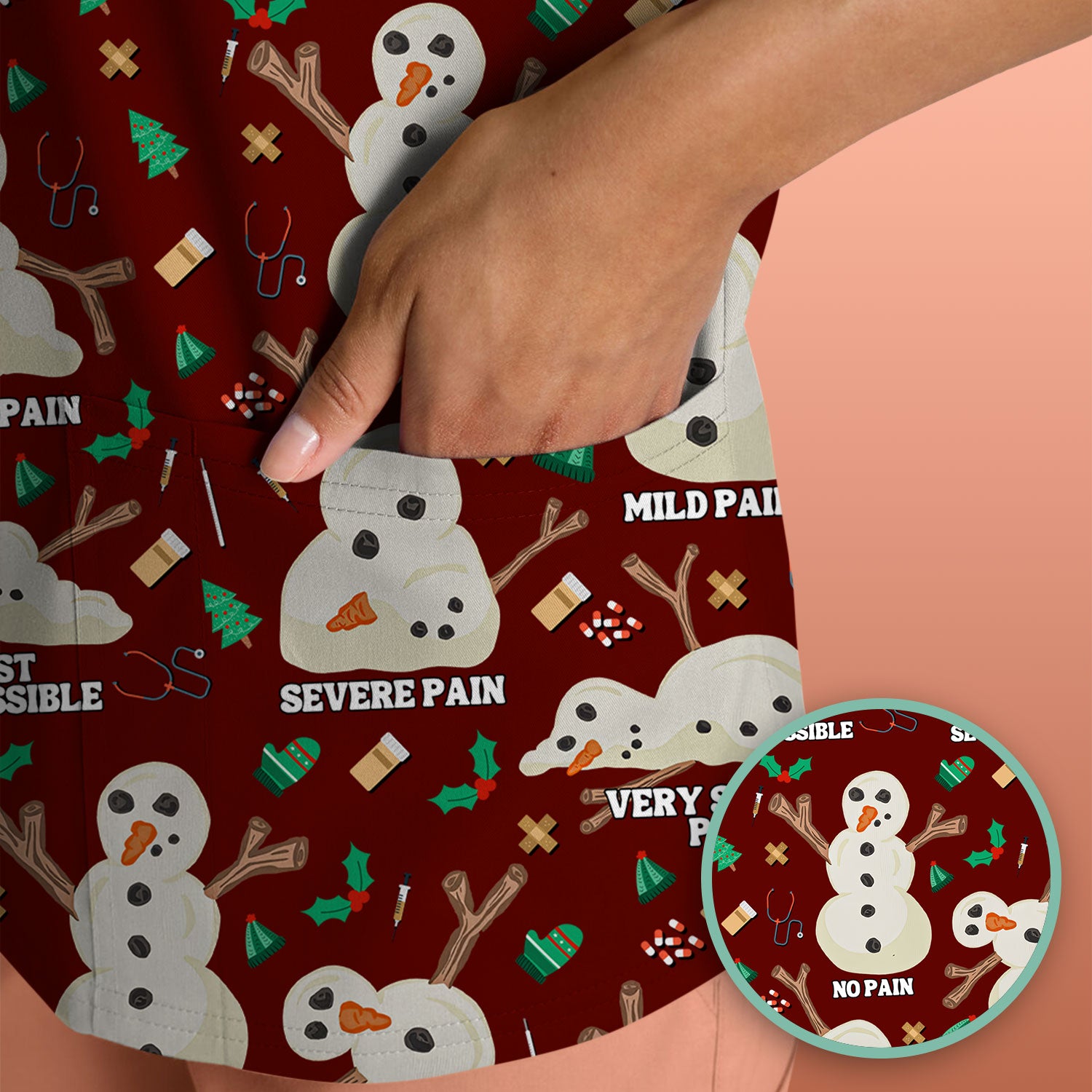 Funny Snowman Pain Scale Scrub Top for Nurse - Christmas Medical Shirt for Women RN LPN CNA - Cute Winter Nursing Uniform