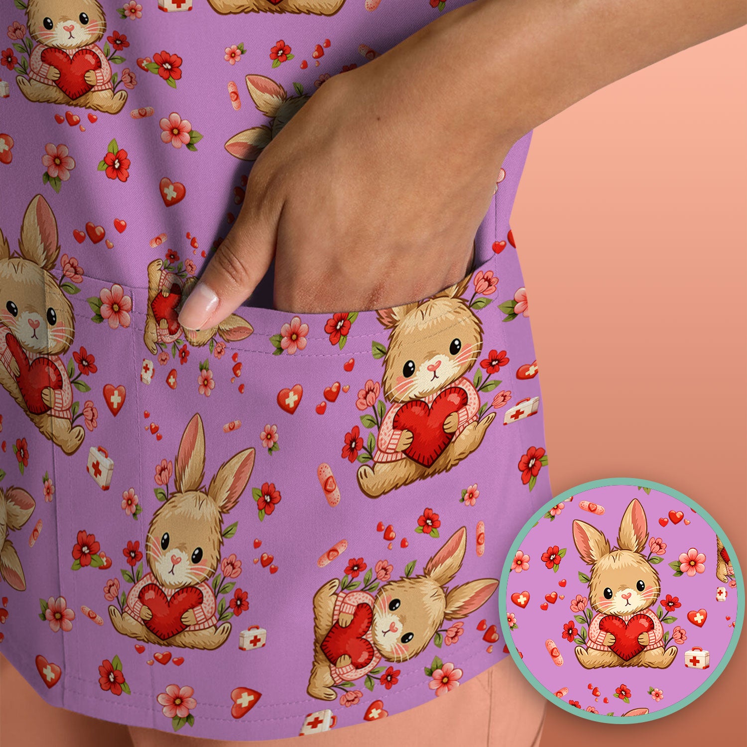 Adorable Bunny Heart Healthcare Design Scrub Top, Comfortable Scrubs for Nurses, Easter
