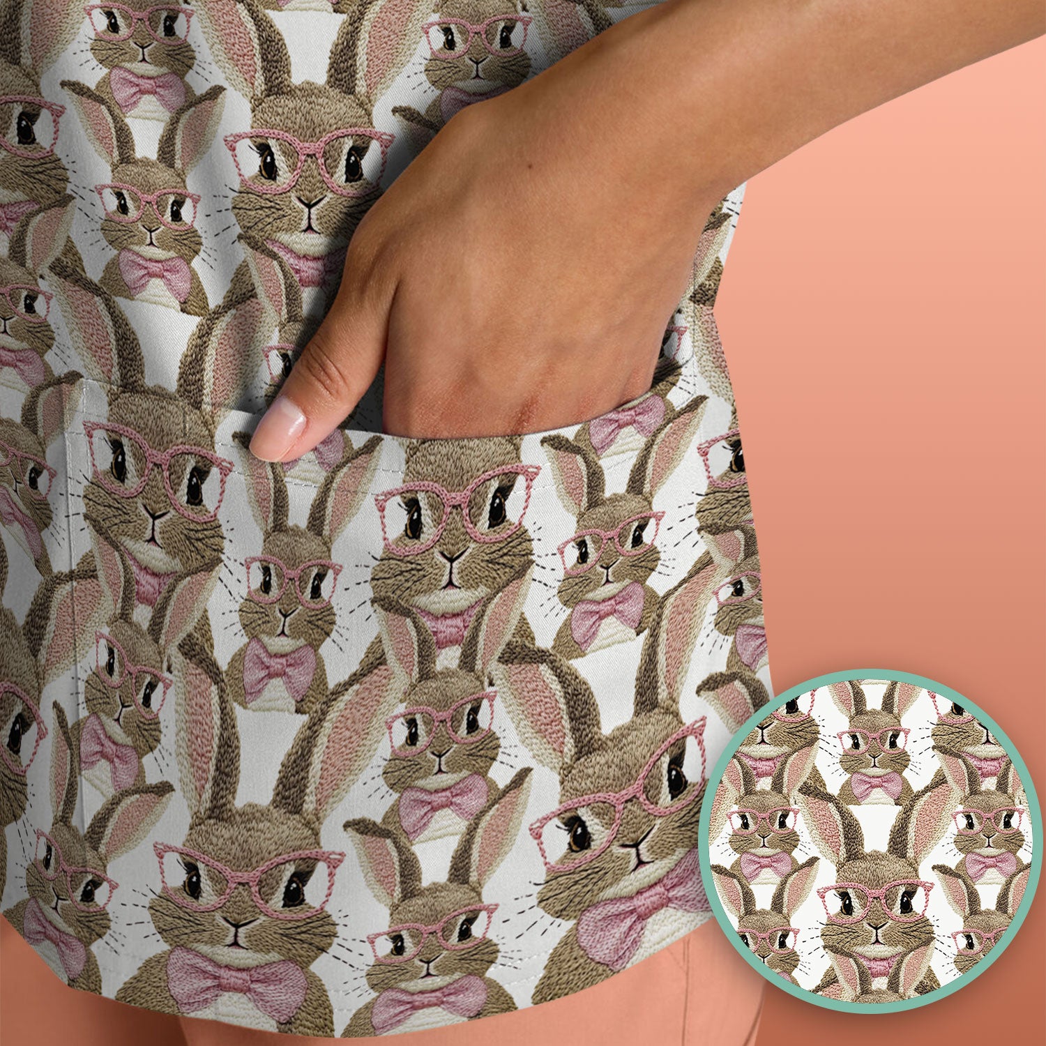 Cute Bunny With Glasses Pattern Scrub Top, Breathable Fabrics Nursing Uniform, Easter