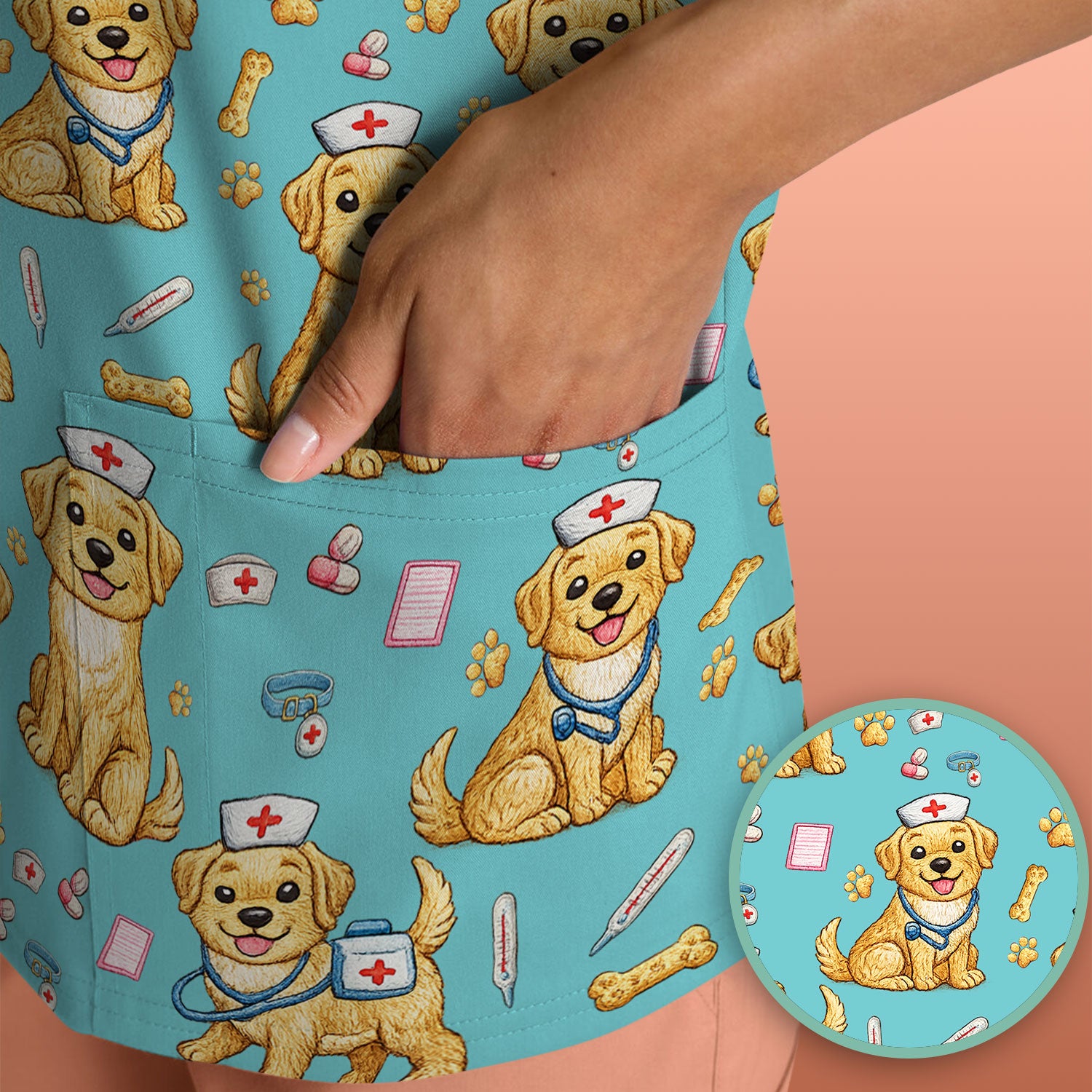 Cute Puppy Nurse Medical Print Scrub Top, Comfortable Scrubs for Nurses