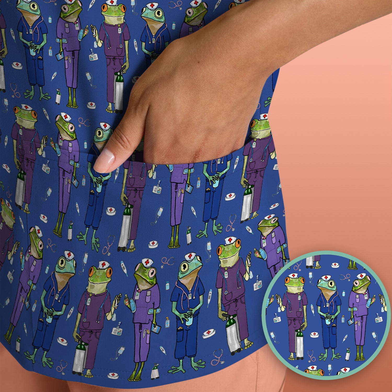 Funny Frog Nurse Pattern V Neck Scrub Top for Healthcare Workers